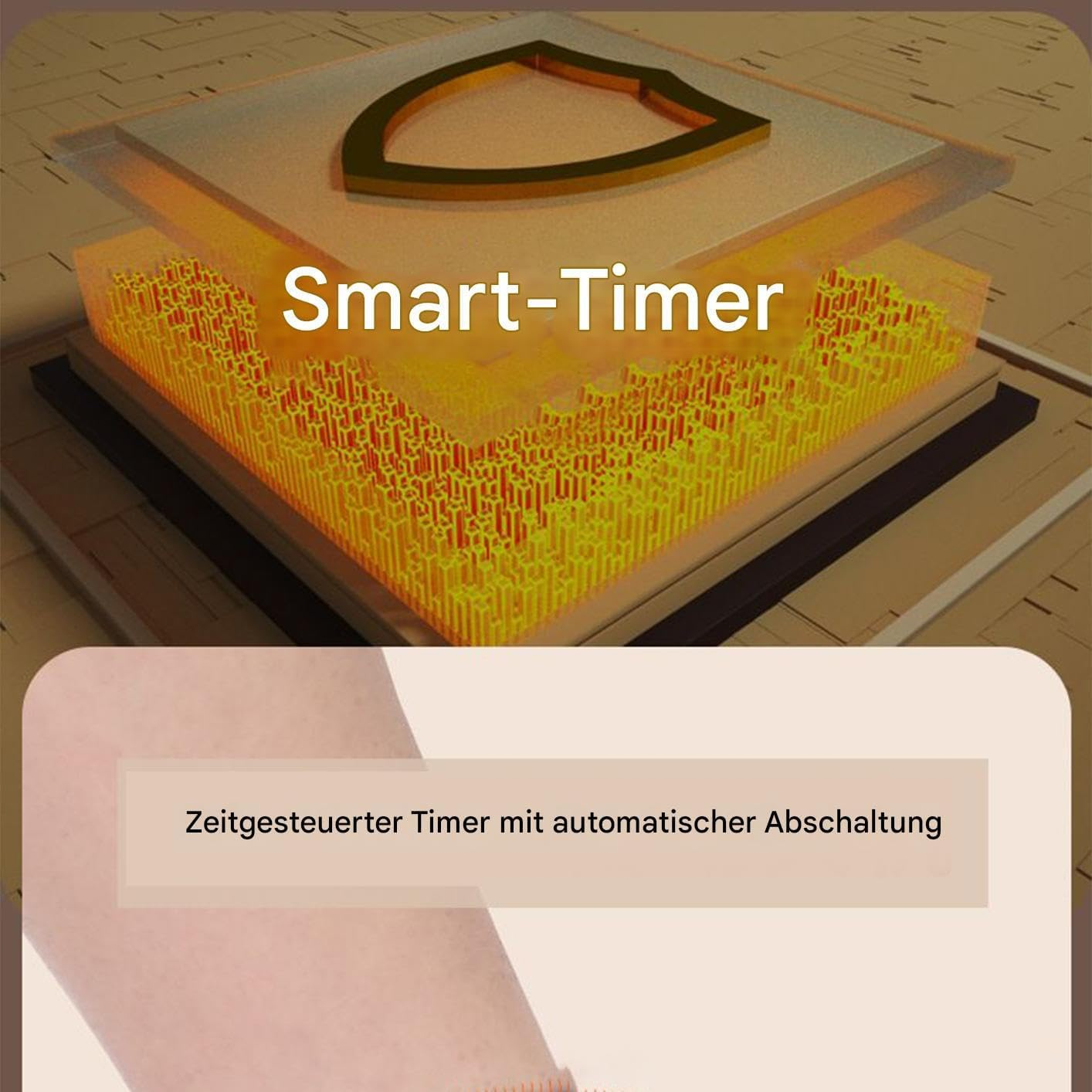 Das Bild zeigt ein 'Smart-Timer'-Design. Es zeigt eine geschichtete Struktur mit einem Schildsymbol oben und darunter den Text 'Zeitgesteuerter Timer'.