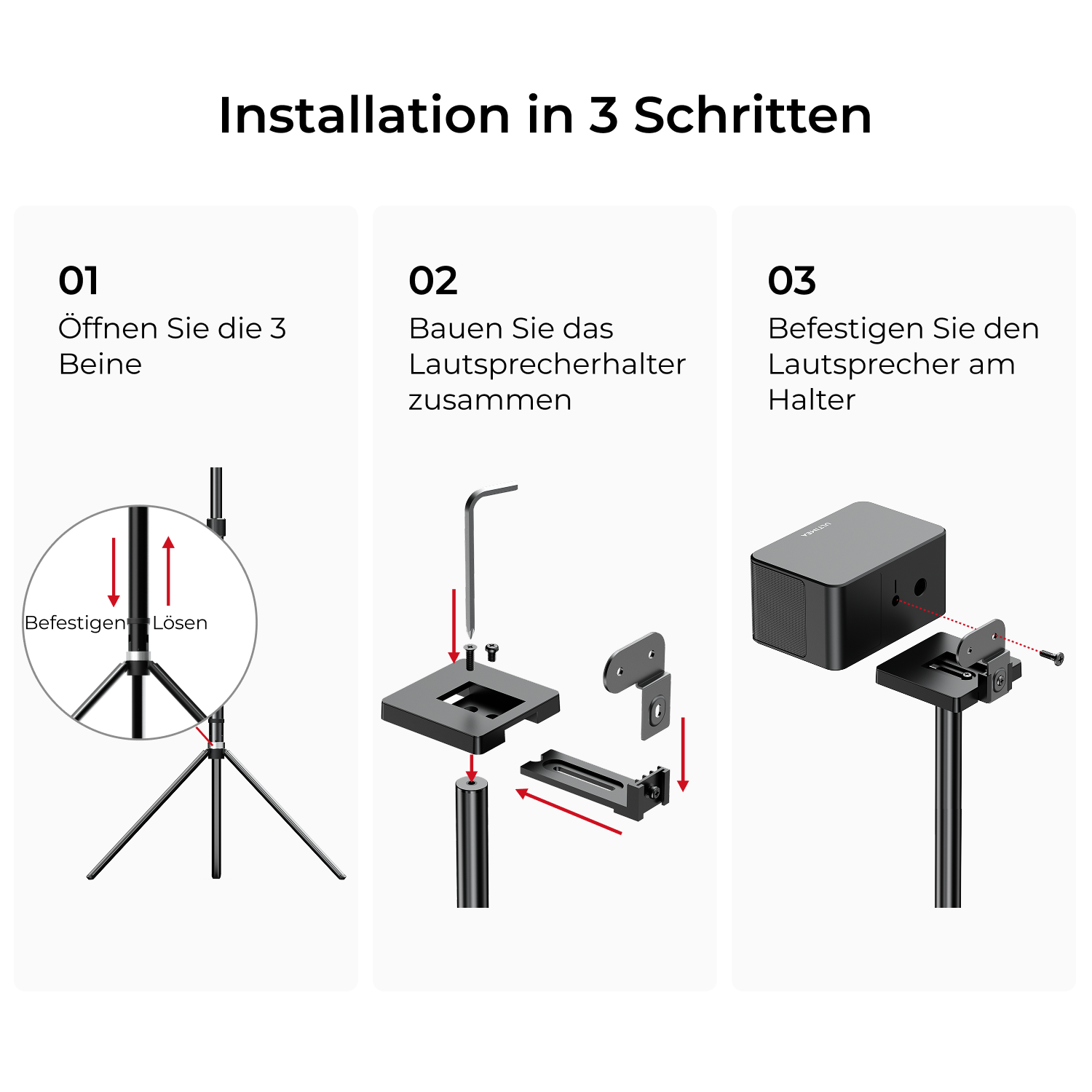 Installationsanweisungen in drei Schritten: Beine öffnen, Lautsprecherhalter montieren und Lautsprecher am Halter befestigen.