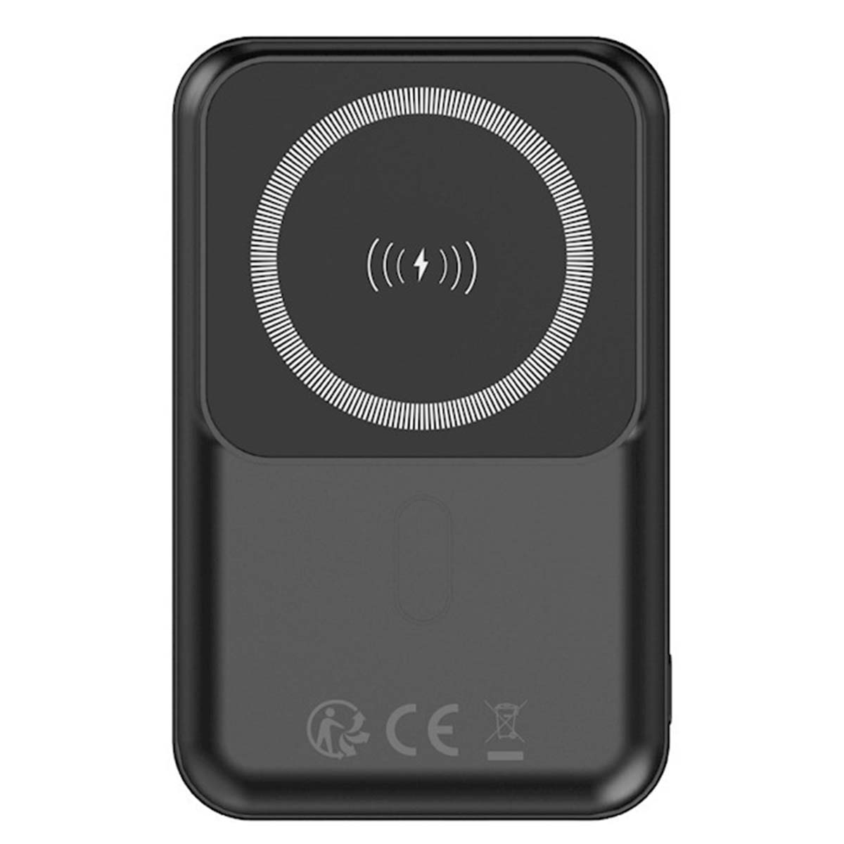 Caricabatterie wireless nero. La metà superiore ha il simbolo di ricarica wireless. La metà inferiore ha i marchi CE.