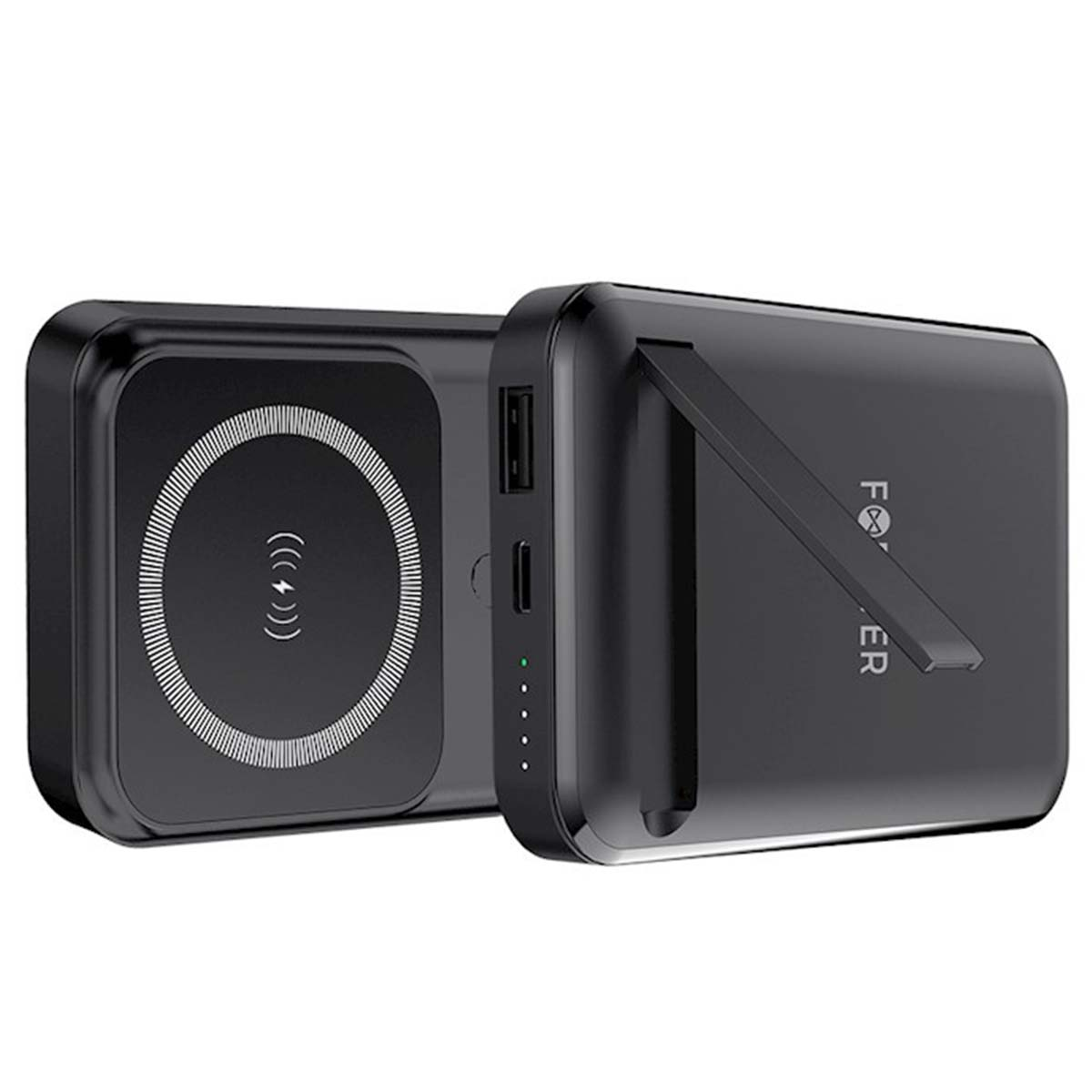 Caricatore wireless nero con supporto. Il caricatore ha un'area di ricarica circolare e un supporto con la scritta 'Foxer'.