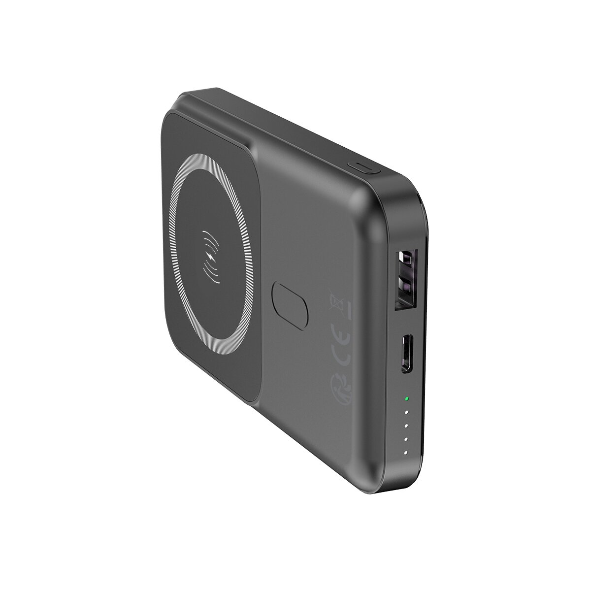Un power bank grigio scuro con un pad di ricarica wireless. Ha porte, pulsanti e spie.