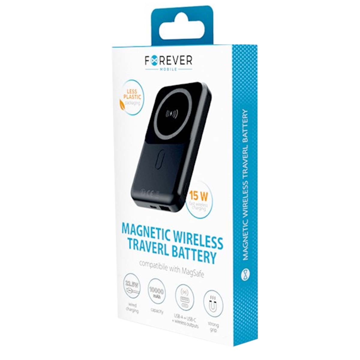Una scatola di batterie da viaggio wireless magnetiche Forever. Ha un'immagine della batteria nera e dettagli su funzionalità come la ricarica a 15W.
