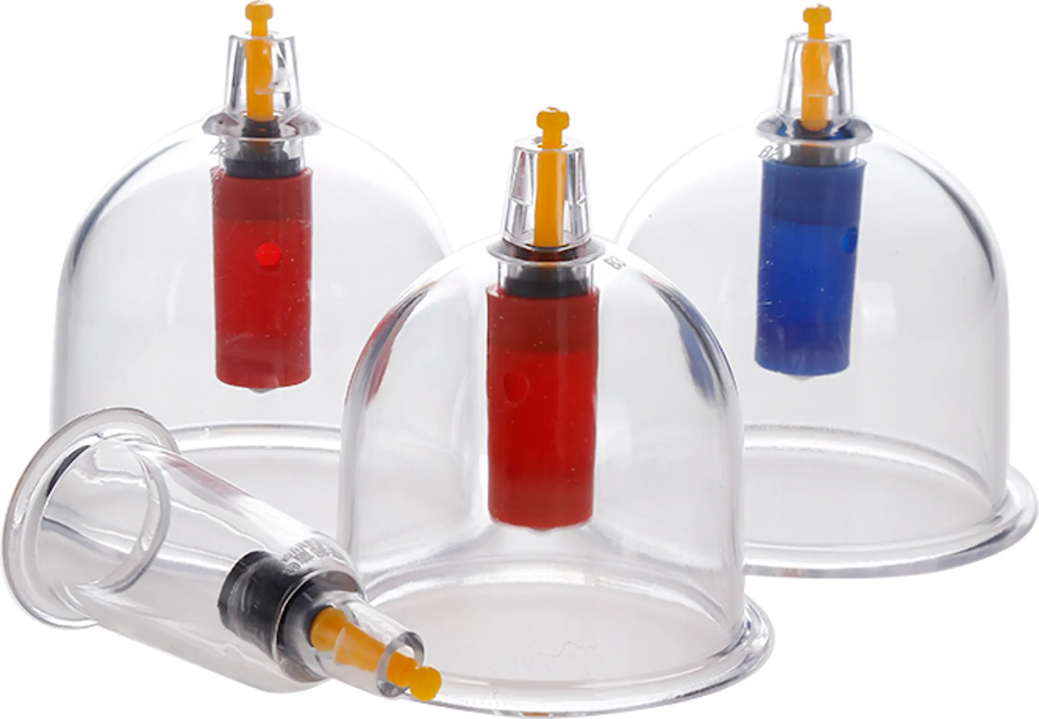 Das Bild zeigt Werkzeuge für die Schröpftherapie. Transparente Becher mit roten und blauen Kolben und ein abgetrenntes Sauggerät.