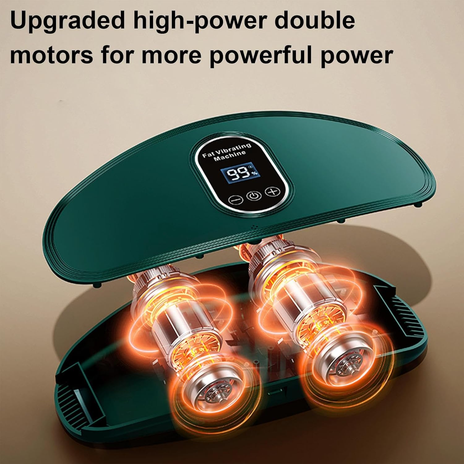 Eine grüne Fettvibrationsmaschine mit Digitalanzeige, die 99 % anzeigt. Zwei Motoren strahlen orangefarbenes Licht aus.