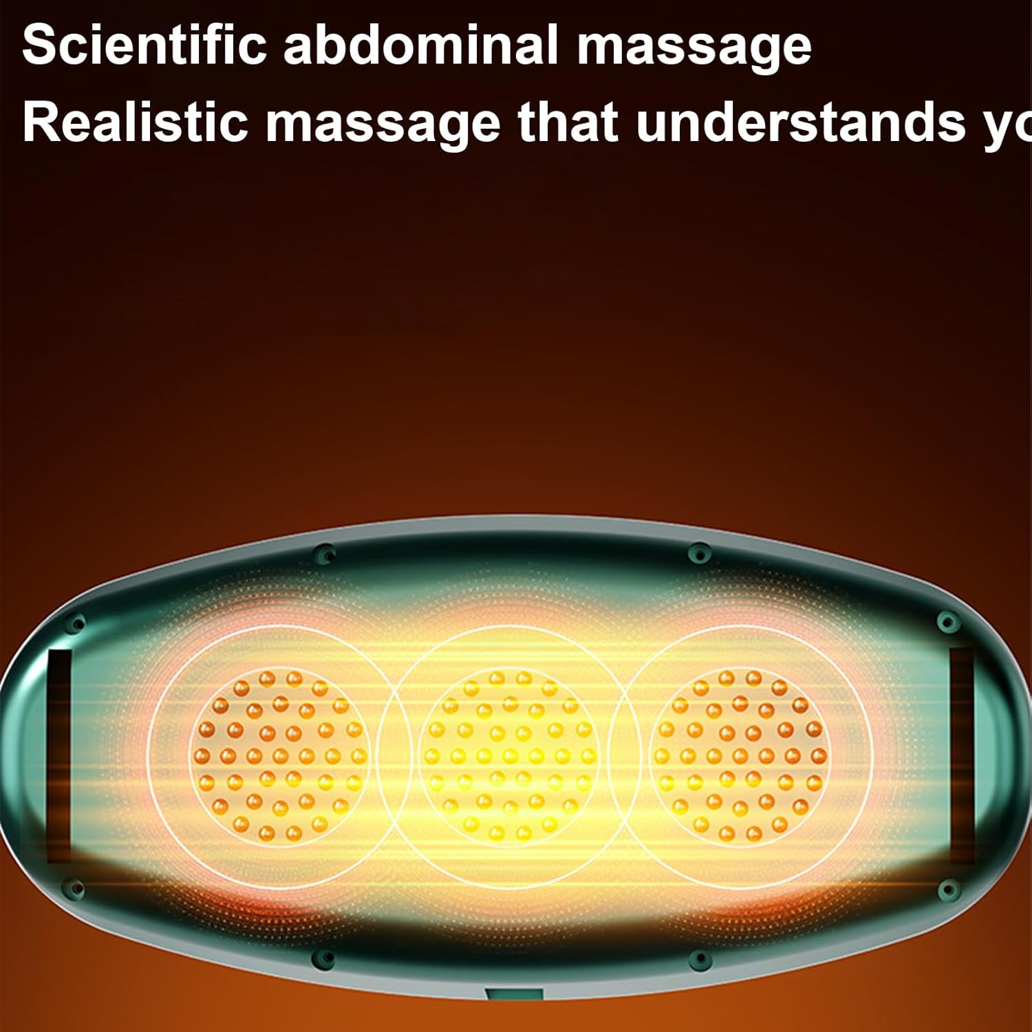 Ein Bauchmassagegerät mit drei leuchtenden kreisförmigen Bereichen. Das Gerät ist oval und hat einen tealfarbenen Rand.