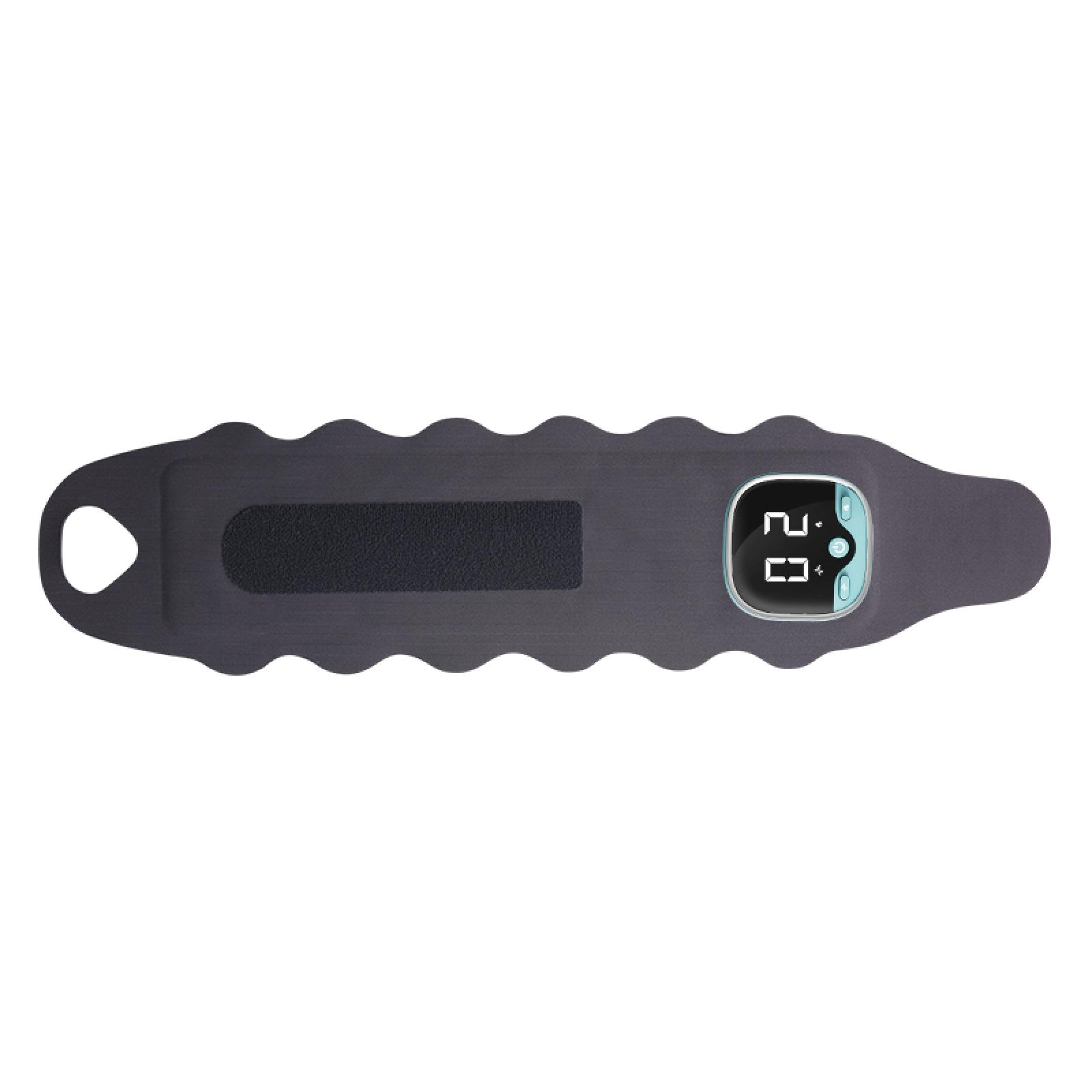 Ein grauer Fitnesstracker mit einem Bildschirm, der '2.0' anzeigt. Er hat einen Klettverschluss und eine Schlaufe.