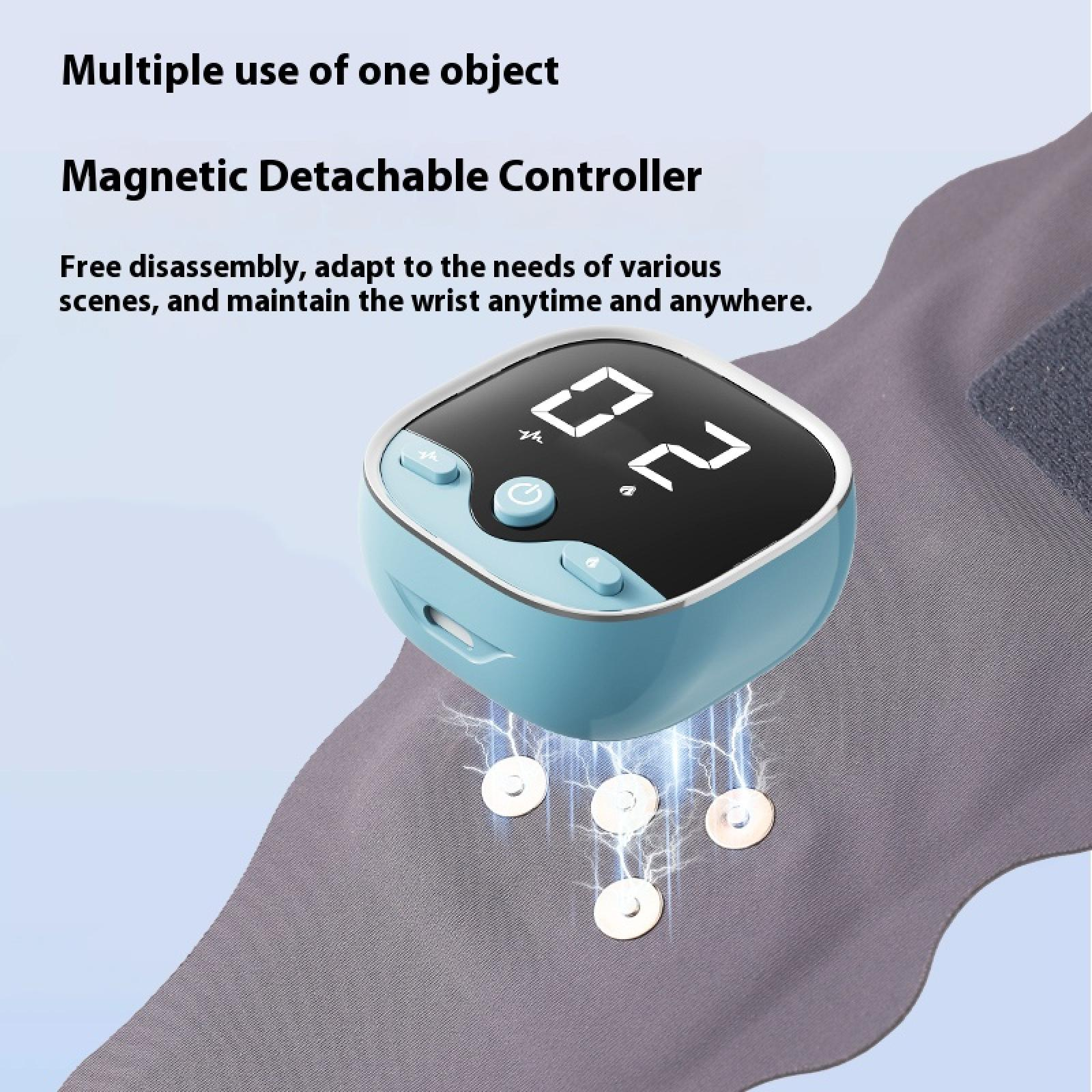 Ein blauer Magnetcontroller mit Digitalanzeige, befestigt an einer grauen Oberfläche mit weißen Kreisen und Blitzen.