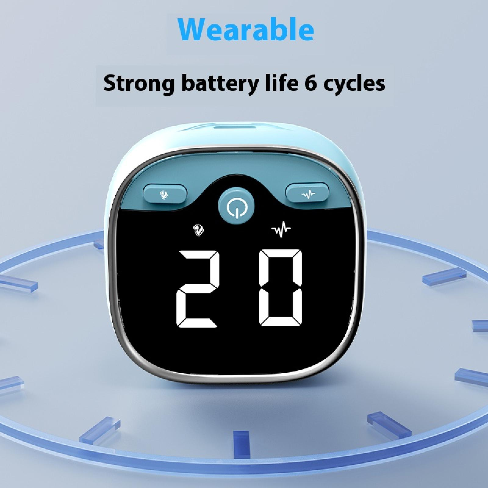 Ein blaues tragbares Gerät zeigt '20'. Der Text oben lautet 'Wearable' und 'Lange Akkulaufzeit 6 Zyklen'.