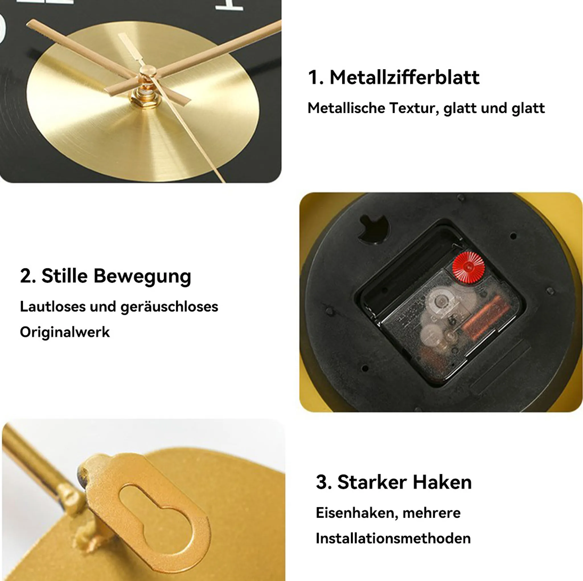 Uhrendetails: goldene Zeiger, schwarzes Zifferblatt und metallische Textur. Es hat eine stille Bewegung und einen starken Haken.