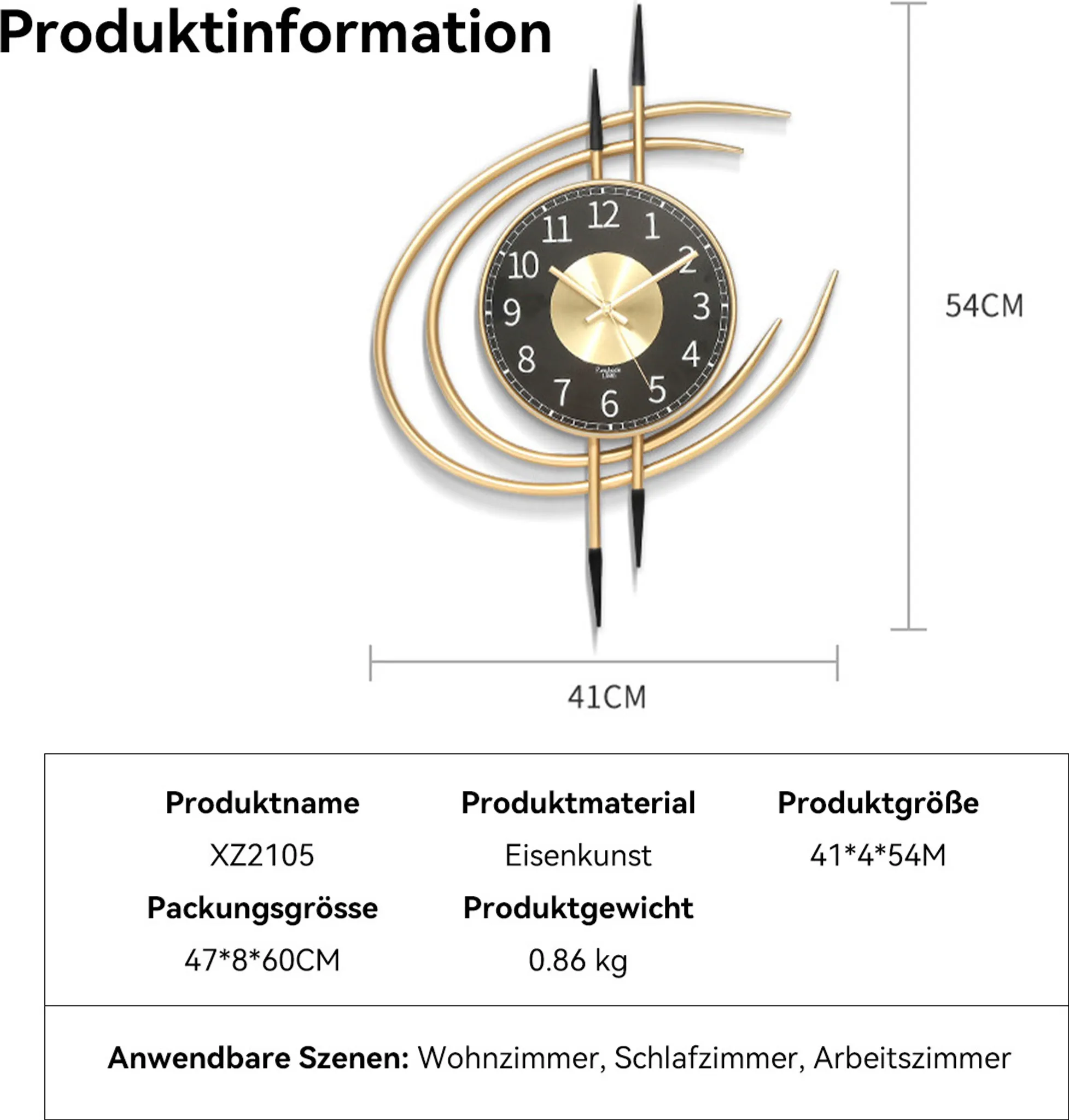 Dekorative Wanduhr mit schwarzem und goldenem Zifferblatt, goldenem Rahmen und schwarzen Akzenten. Abmessungen sind angezeigt. Zusätzliche Produktinformationen.