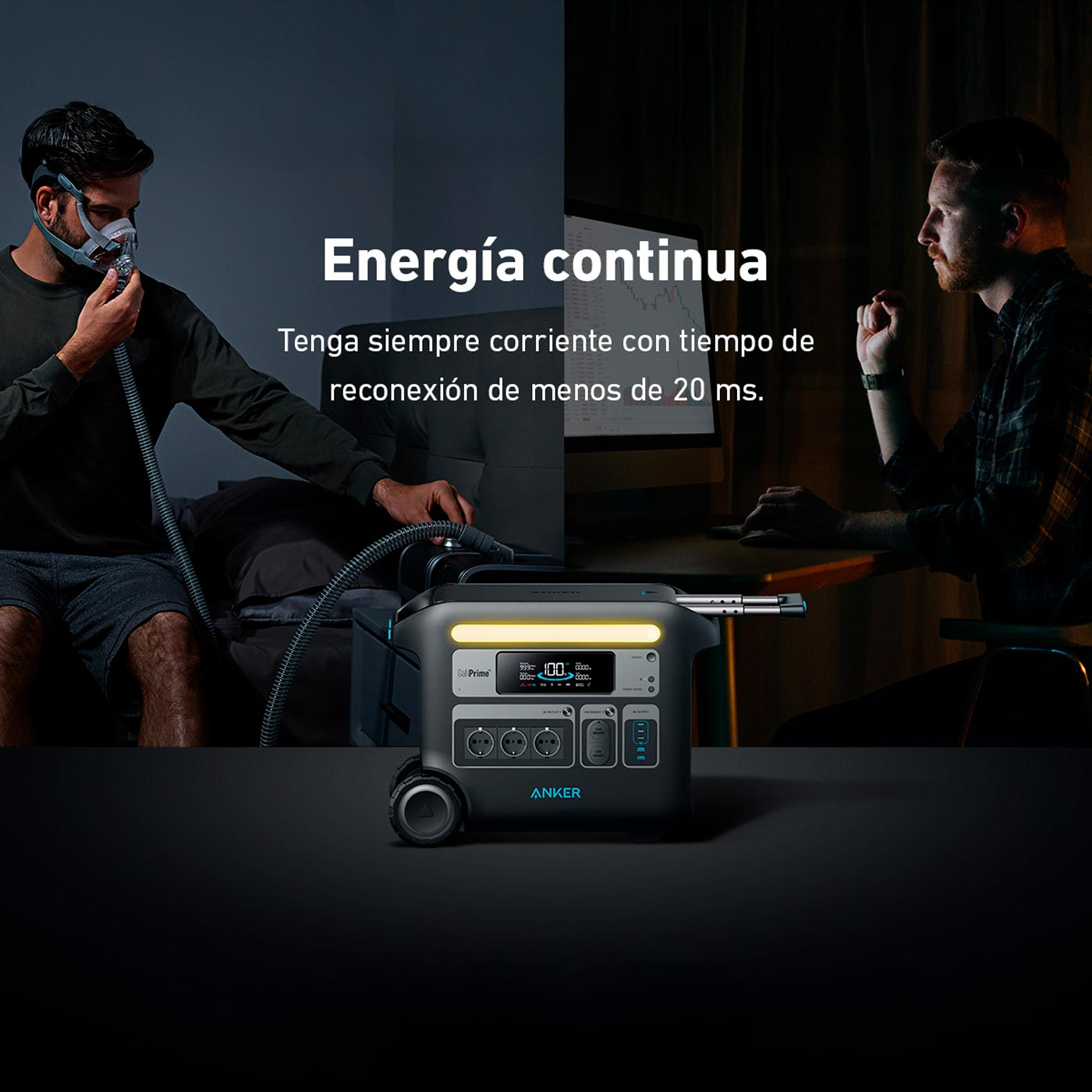 Zdjęcie przedstawia dwie osoby korzystające ze stacji zasilania Anker. Jedna używa respiratora, druga pracuje przy komputerze.