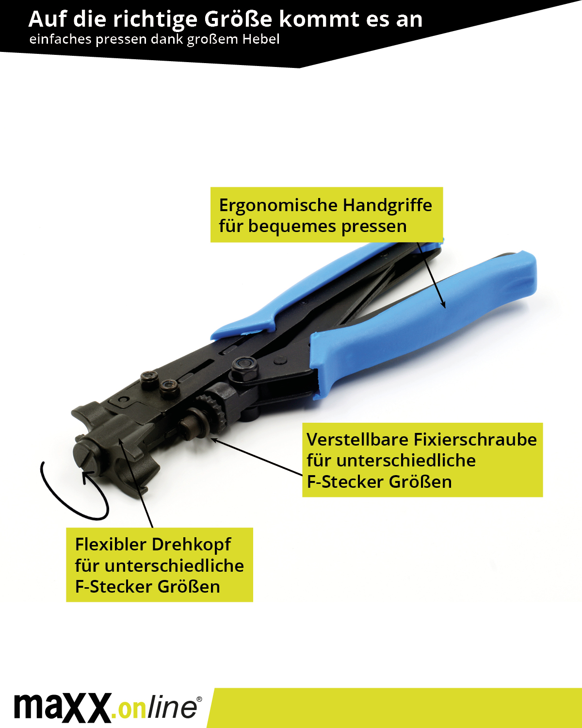 Eine blau-schwarze Crimpzange mit Etiketten, die auf ergonomische Griffe, einen flexiblen Kopf und eine verstellbare Schraube zeigen.