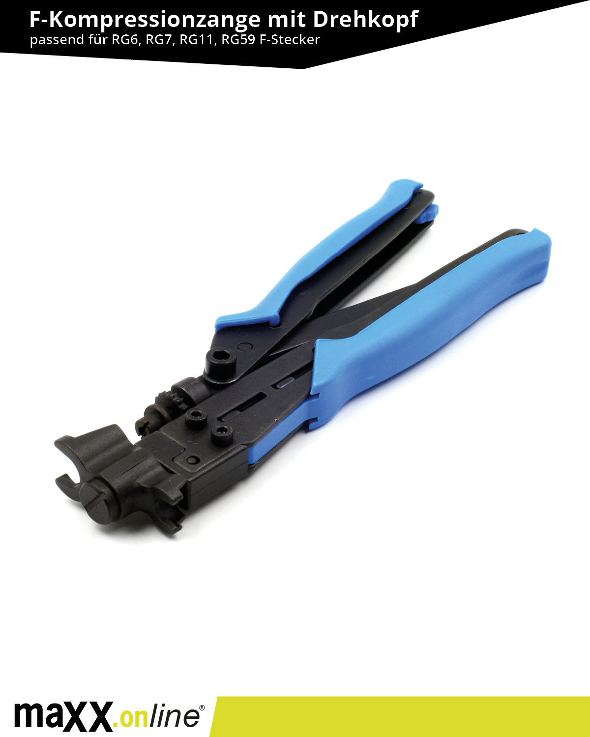 Eine Crimpzange mit blauen Griffen und einem schwarzen Kopf. Sie wird für RG6-, RG7-, RG11- und RG59-F-Stecker verwendet. Der Hintergrund ist weiß.