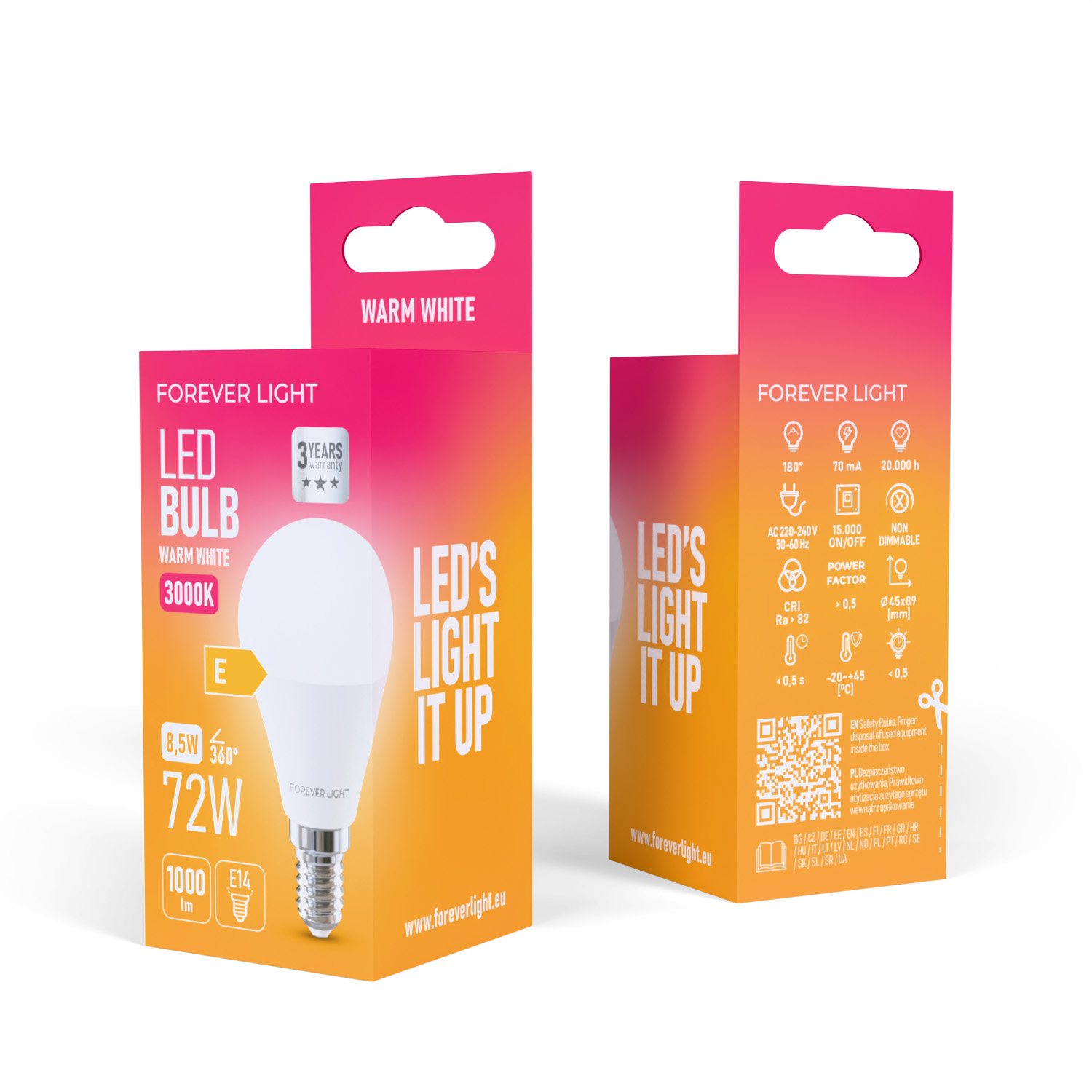 LED-Glühbirnenbox mit Produktdetails. Die Schachtel ist orange und pink. Die Glühbirne ist weiß.