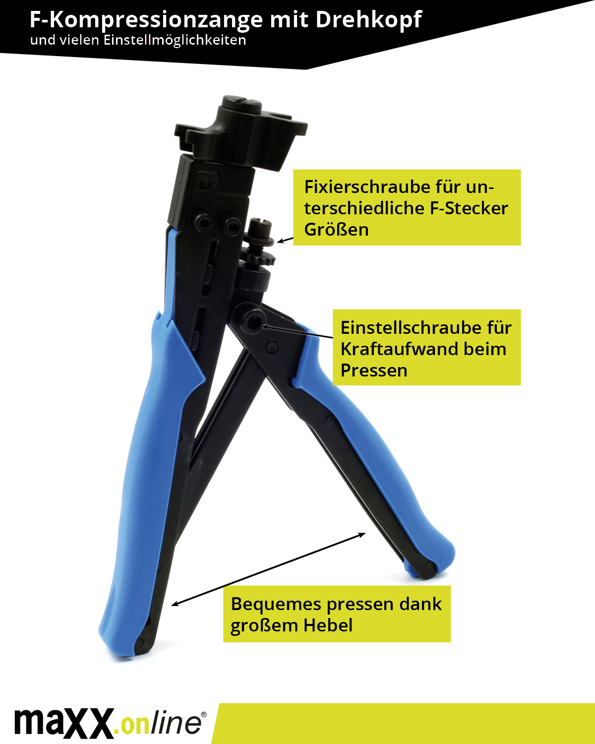 Eine Crimpzange mit blauen Griffen und schwarzem Körper. Sie hat Einstellschrauben und ist für verschiedene Steckergrößen gekennzeichnet.