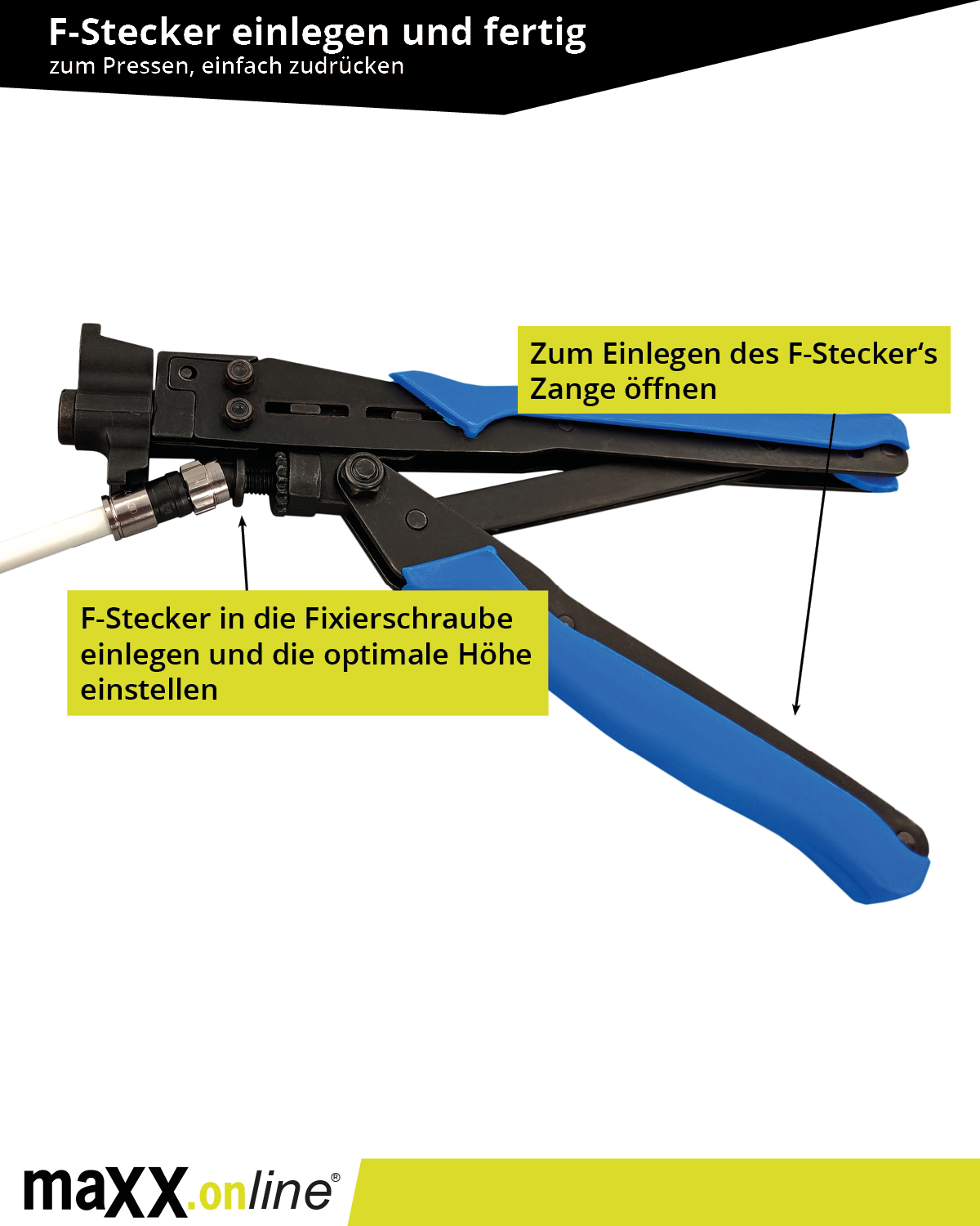 Ein Werkzeug mit blauen Griffen und schwarzem Körper, das ein weißes Kabel mit Stecker hält. Text auf Deutsch gibt Anweisungen.
