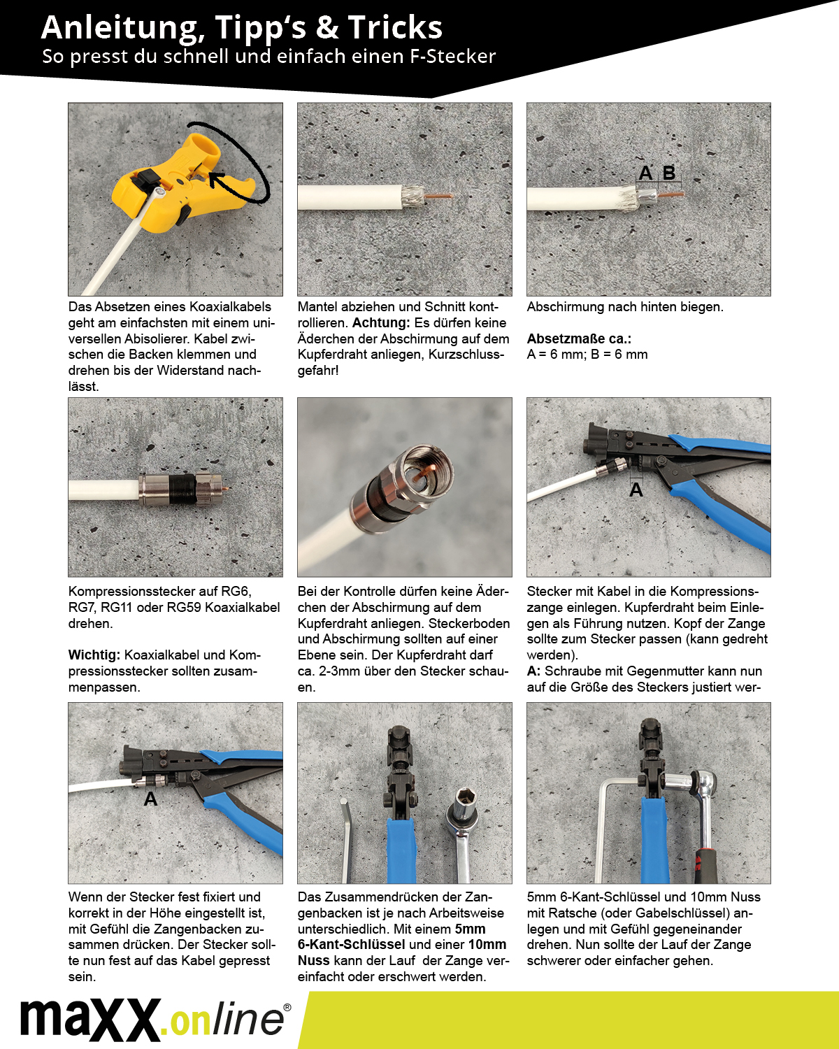 Eine Anleitung zur Installation eines F-Steckers an einem Koaxialkabel. Es zeigt die Schritte mit Werkzeugen wie einem Abisolierer und einer Crimpzange.