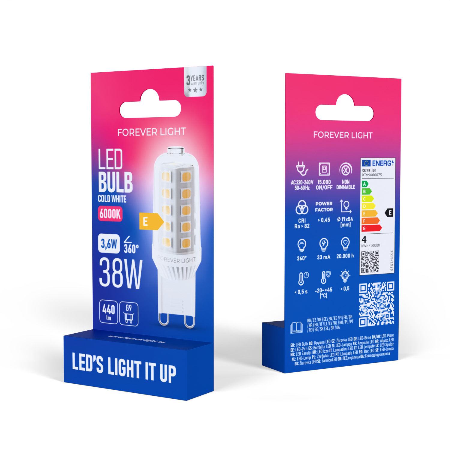 Eine Forever Light LED-Glühbirnenverpackung. Sie zeigt Produktdetails wie Wattzahl, Spannung und Energieeffizienz.