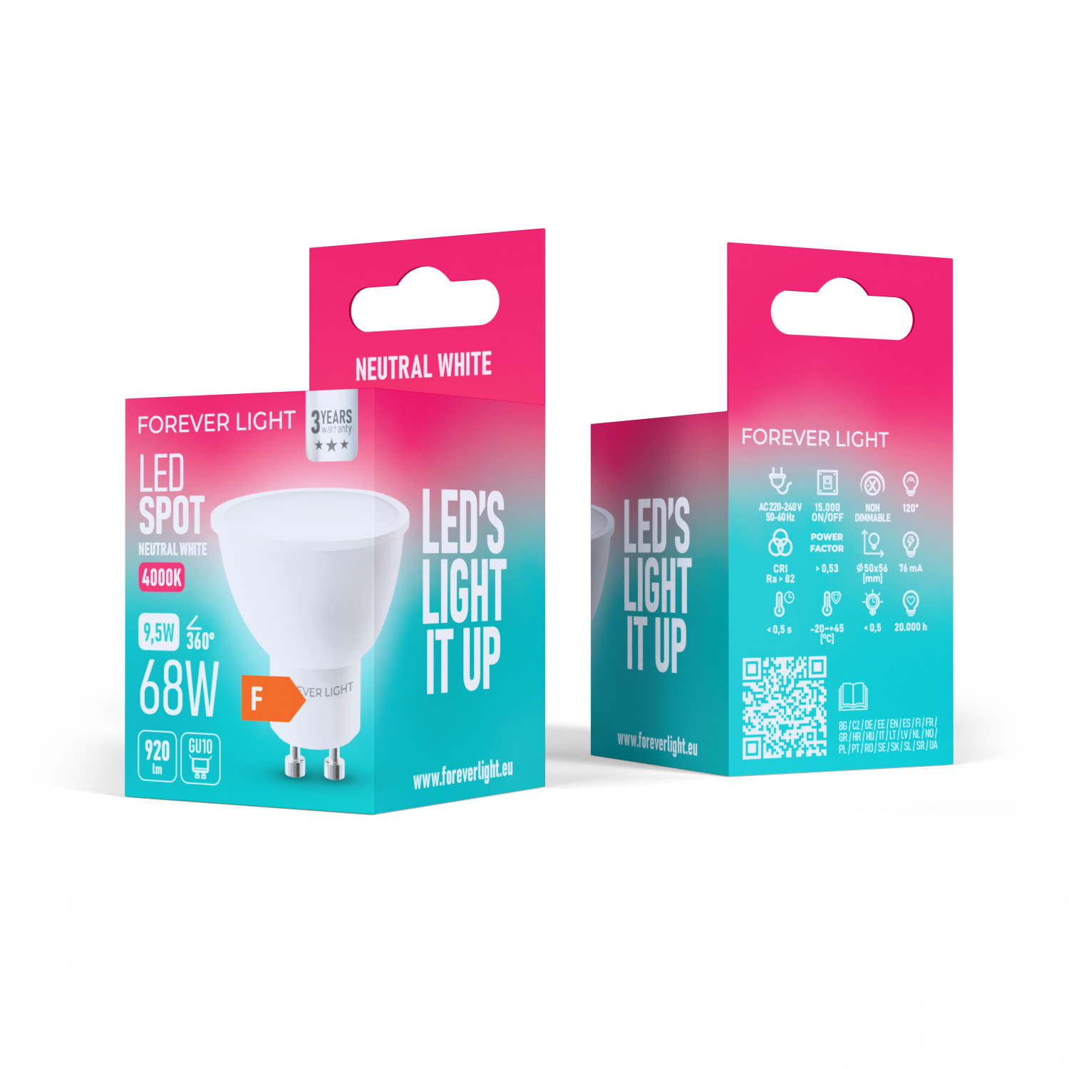 Zwei LED-Lichtboxen. Eine ist türkis und zeigt die Glühbirnenspezifikationen. Die andere ist pink und weiß und zeigt das Branding 'Forever Light'.