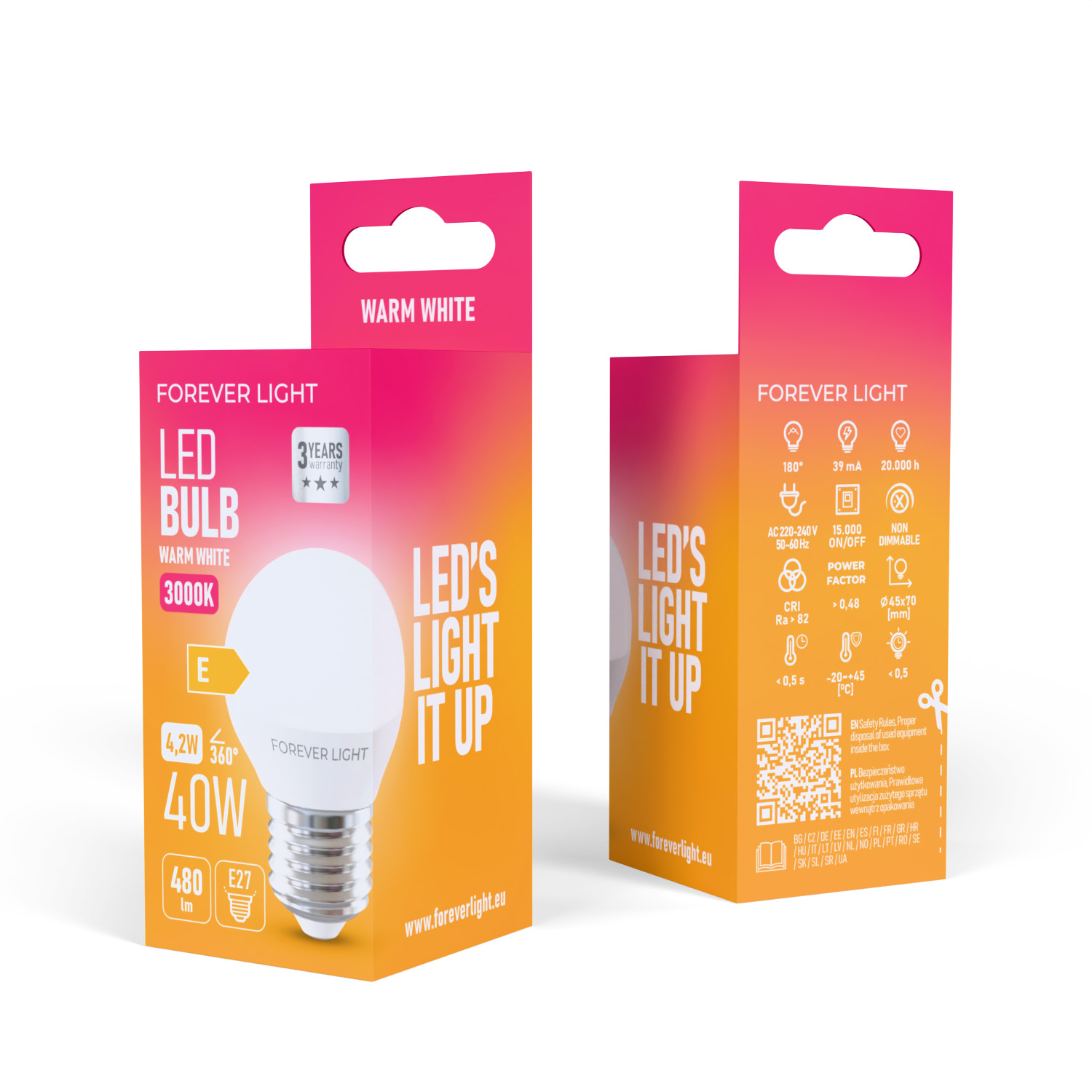 Opakowanie żarówki LED. Pokazuje żarówkę, jej specyfikacje i markę 'Forever Light'.