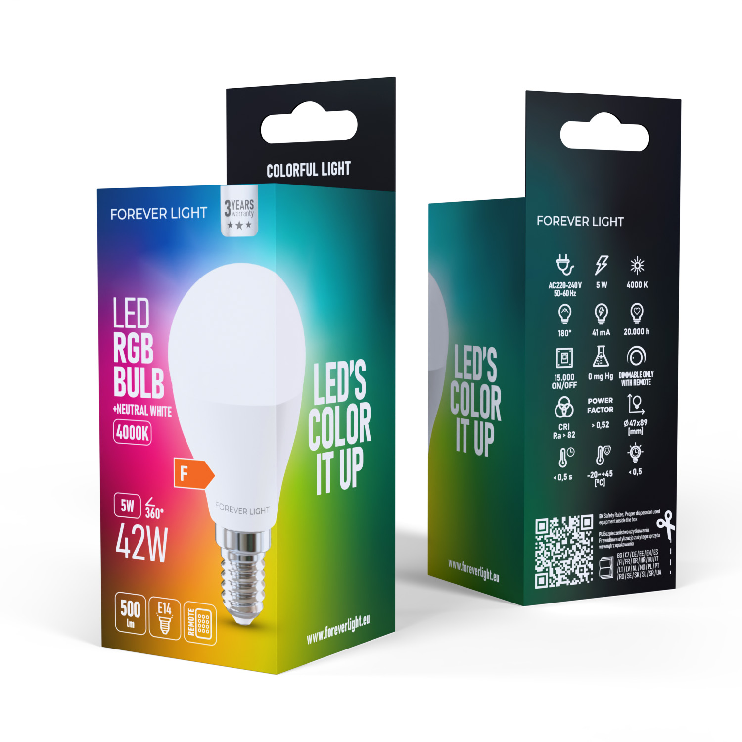Pudełko żarówki LED RGB Forever Light. Pudełko ma kolorowy gradient, obraz żarówki i tekst.