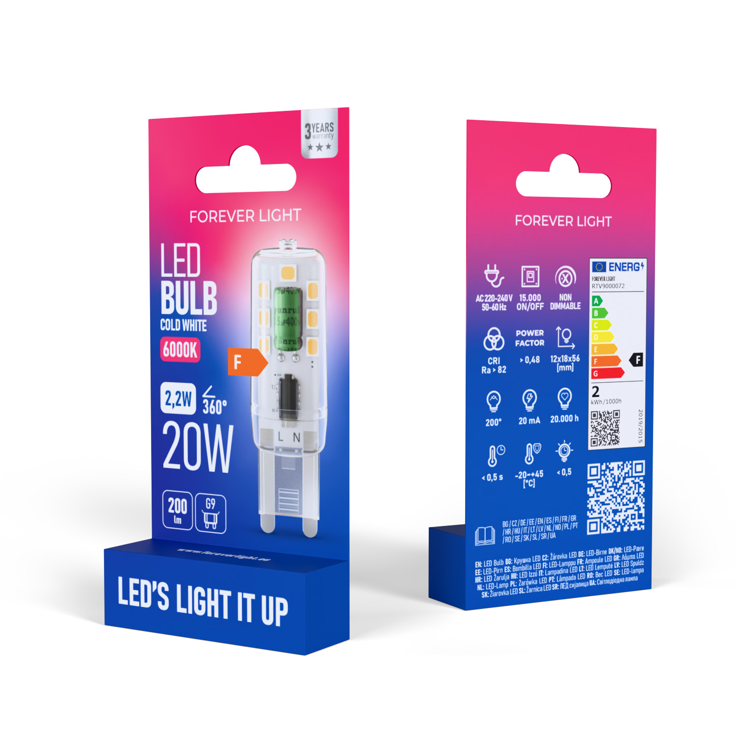 LED-Glühbirnenverpackung mit sichtbarer Glühbirne. Informationen umfassen Energieeffizienz, Leistung und Markenname.