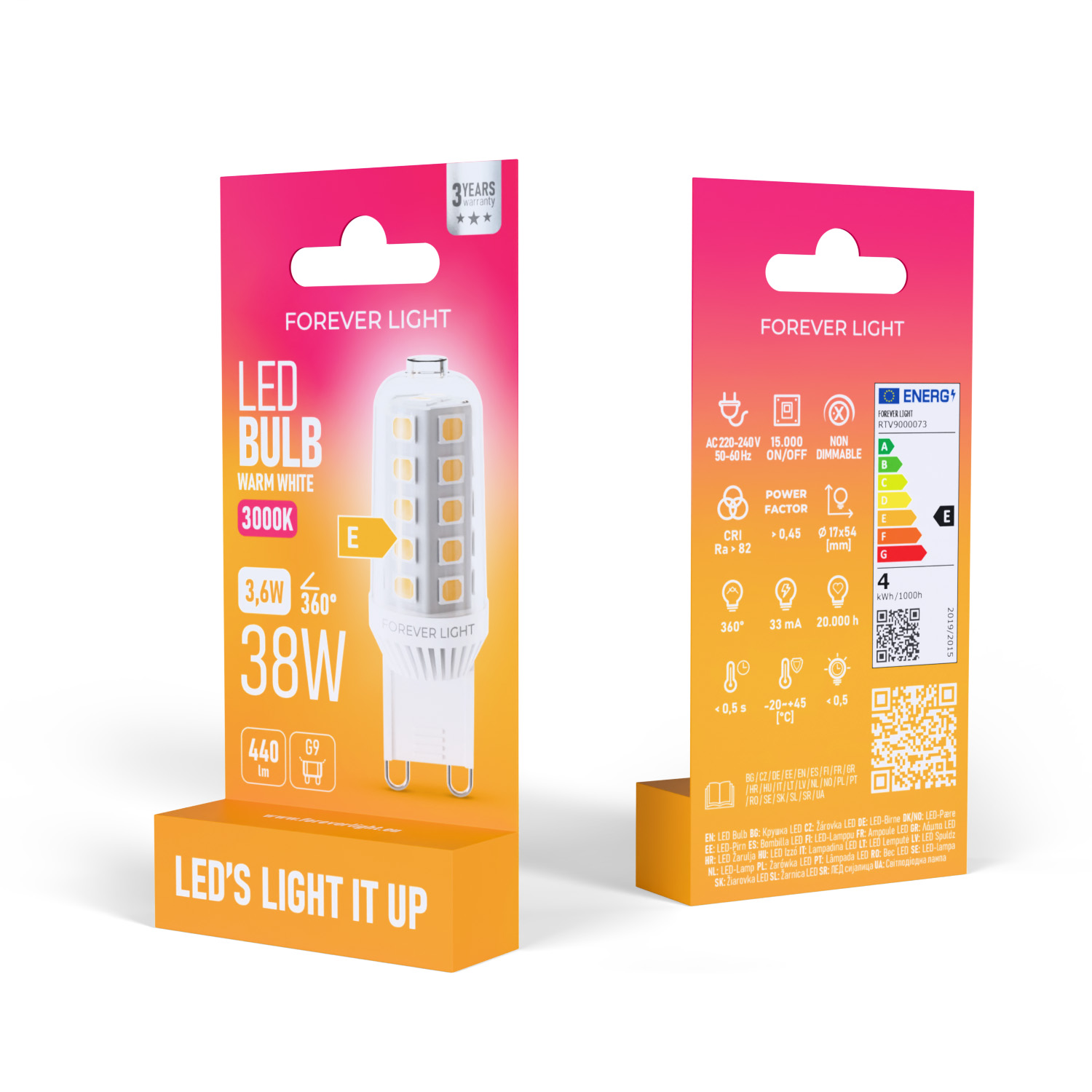 Eine Forever Light LED-Glühbirnenverpackung. Sie ist weiß und orange, mit Produktdetails und Energieeffizienz.