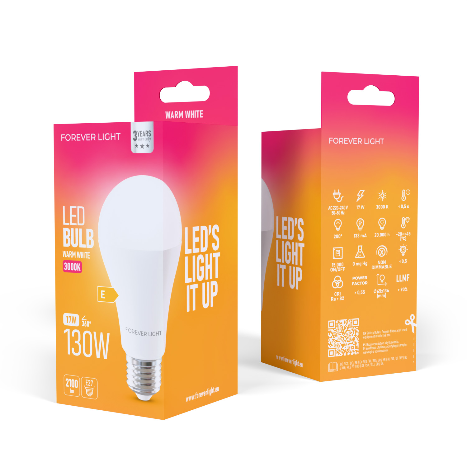 Zwei LED-Glühbirnenboxen. Eine zeigt die Glühbirne und die Spezifikationen. Die andere zeigt Spezifikationen und das Logo des Unternehmens.