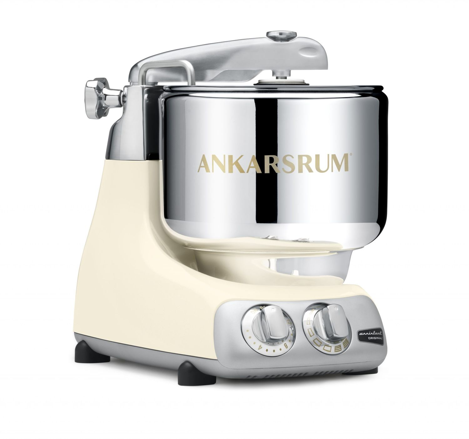 Creme- und silberfarbiger Küchenmixer. Er hat eine Rührschüssel, Bedienelemente und den Markennamen 'ANKARSRUM'.