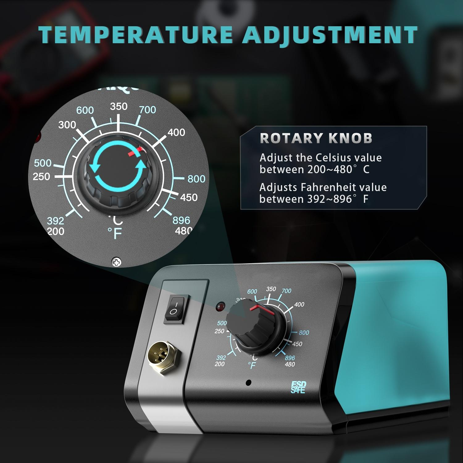 Eine Lötstation mit Temperaturregler, Drehknopf und Netzschalter. Die Skala reicht von 200°C bis 896°F.