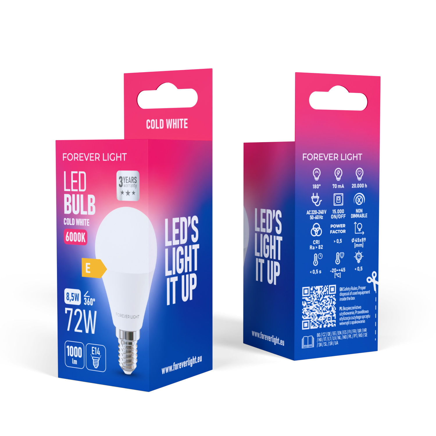 LED-Glühbirnenverpackung. Sie zeigt die Glühbirne, das Branding und technische Spezifikationen wie Wattzahl und Farbtemperatur.