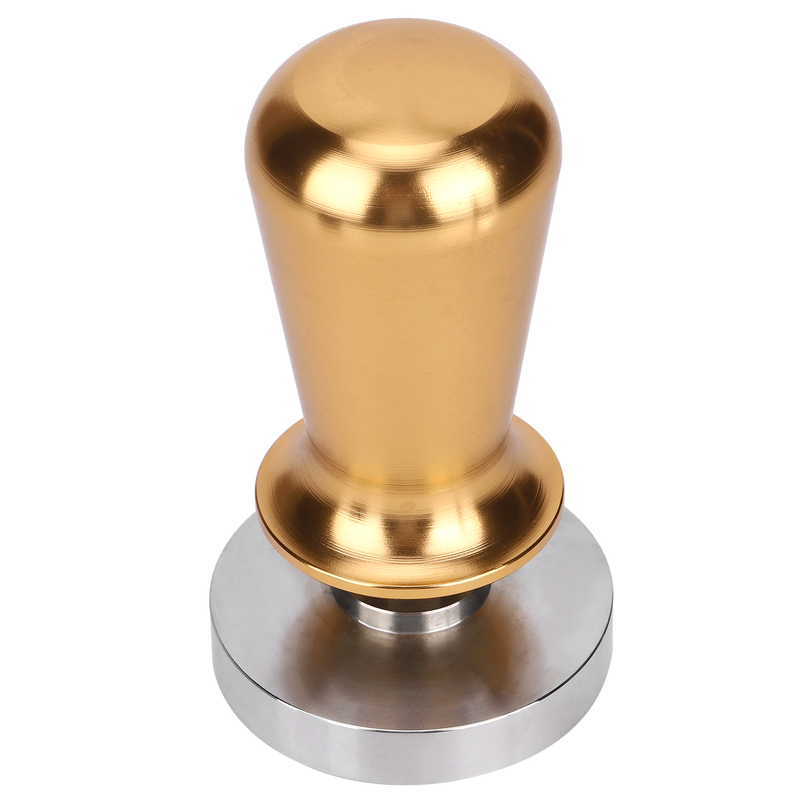Ein Kaffeestampfer. Er hat einen goldenen Griff und einen silbernen Sockel. Der Hintergrund ist weiß.