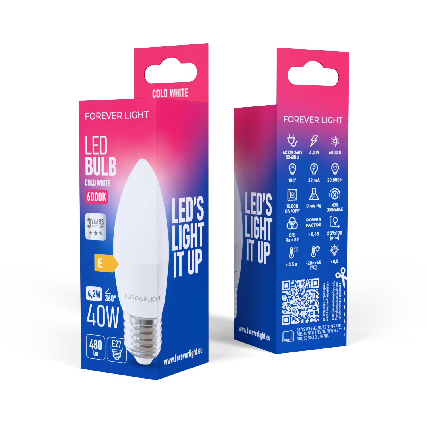 Schachtel der Forever Light LED-Glühbirne, weiß mit blauen und rosa Akzenten. Text enthält 'cold white', '6000K' und Spezifikationen.