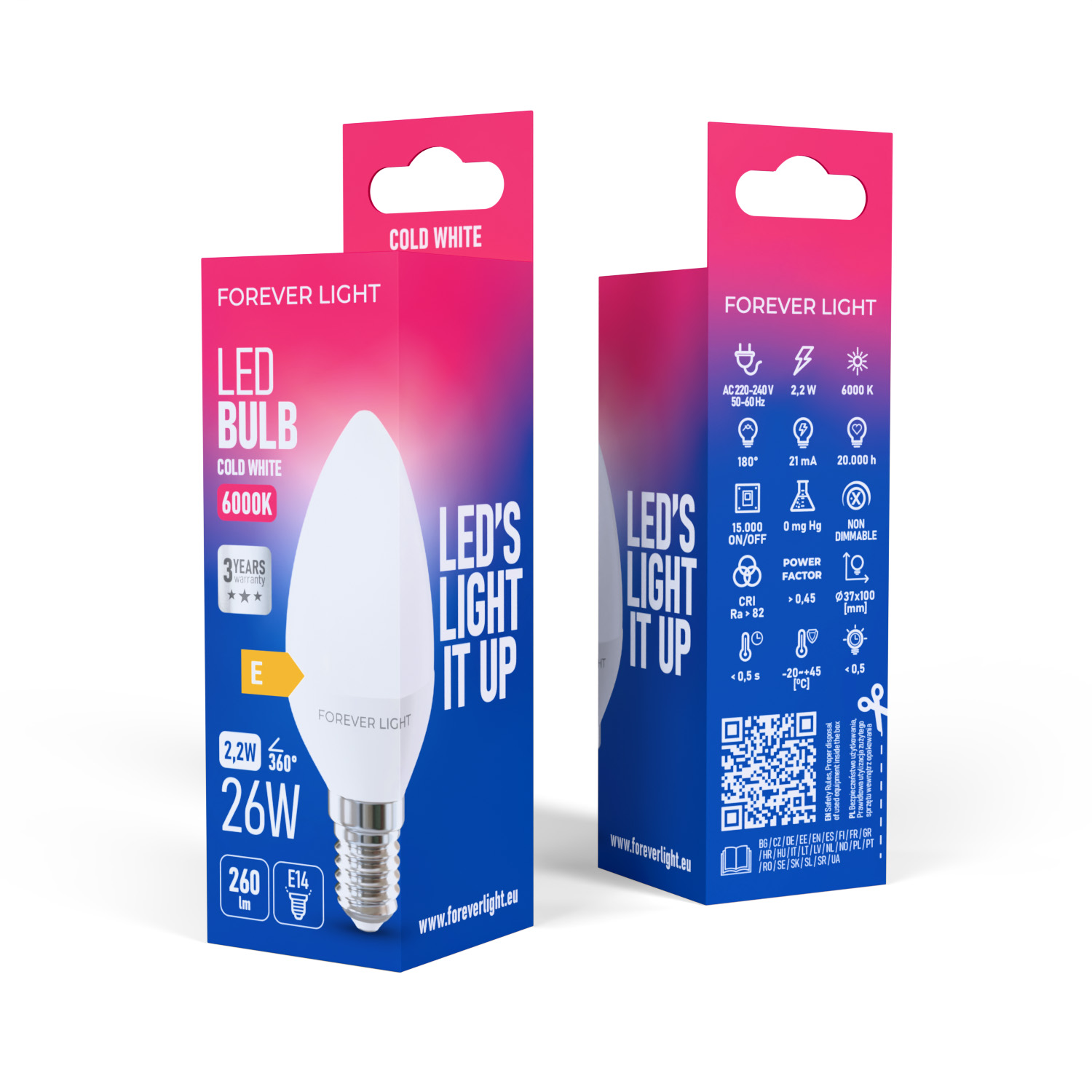 Eine Forever Light LED-Glühbirnenbox. Die Box ist weiß und rosa. Sie zeigt Glühbirnenspezifikationen und ein Bild der Glühbirne.