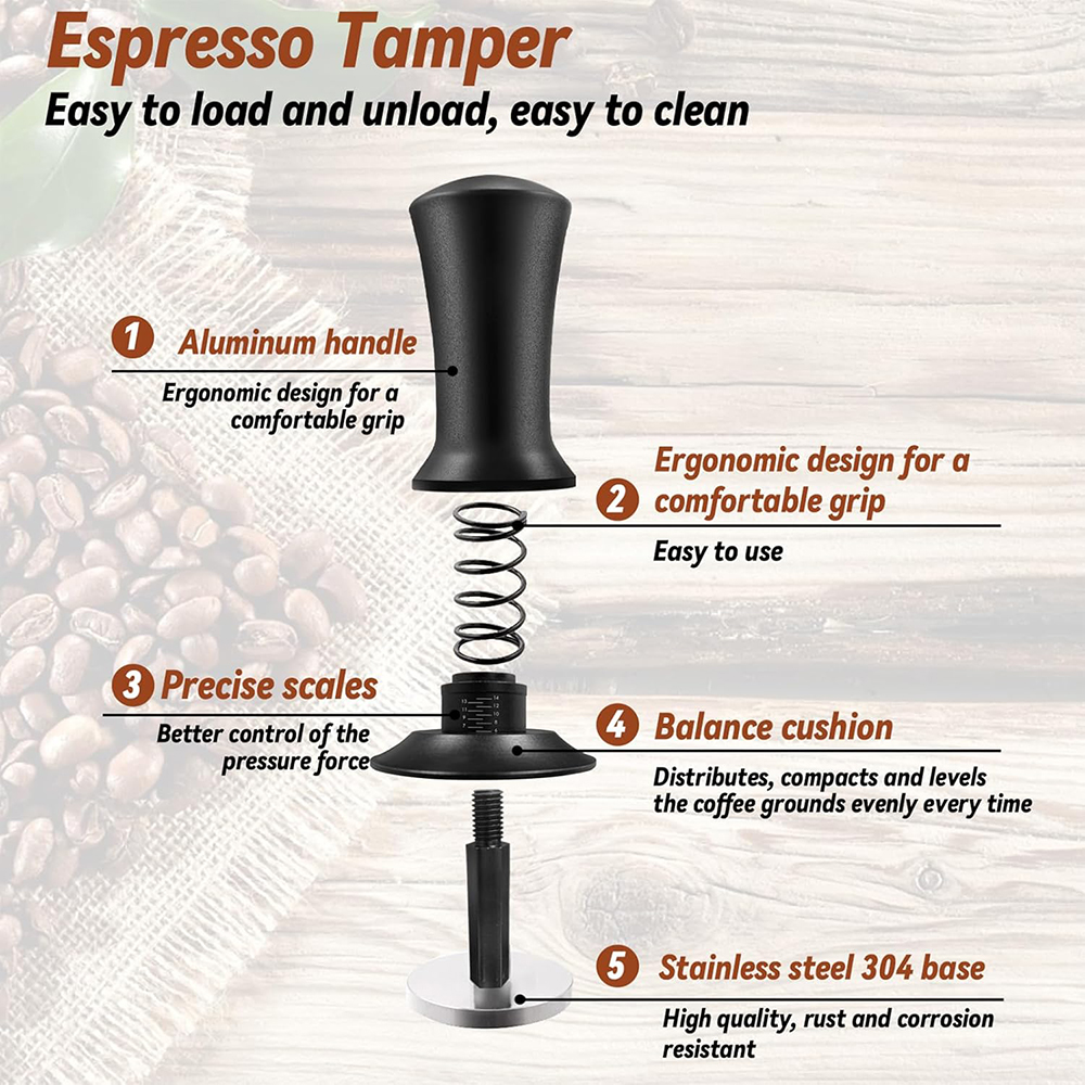 Explosionsansicht eines Espresso-Stampfers mit Griff, Feder, Waage, Kissen und Boden. Kaffeebohnen im Hintergrund.