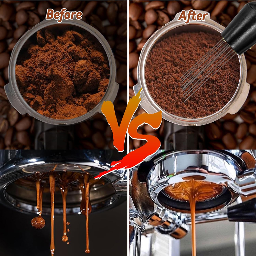 Das Bild zeigt Vorher-Nachher-Zustände der Espressozubereitung. Oben: grobes vs. feines Kaffeemehl. Unten: Tropf- vs. glatter Espresso.