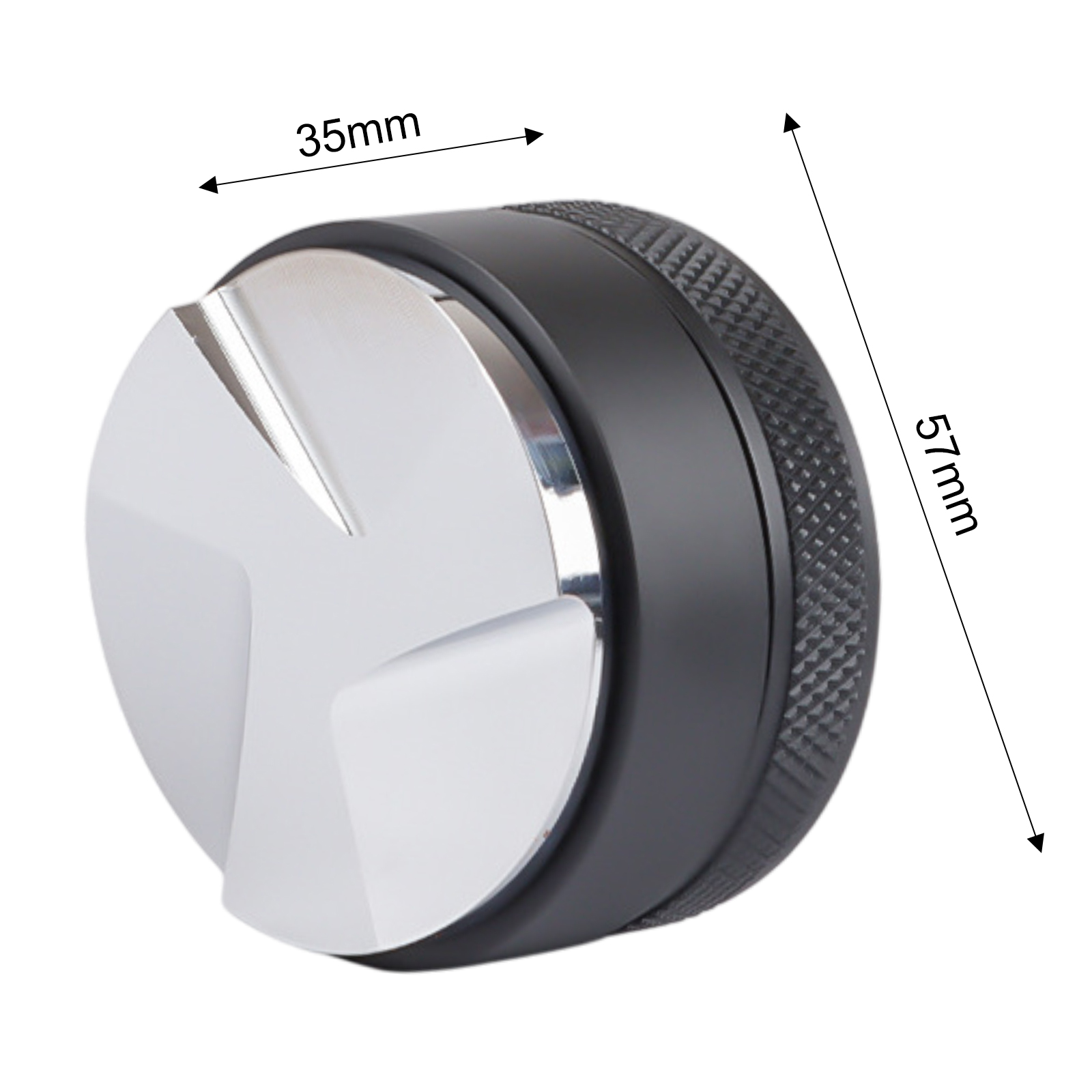 Ein Kaffeetamper mit silberner Basis und schwarzem Griff. Abmessungen sind beschriftet: 35 mm und 57 mm.