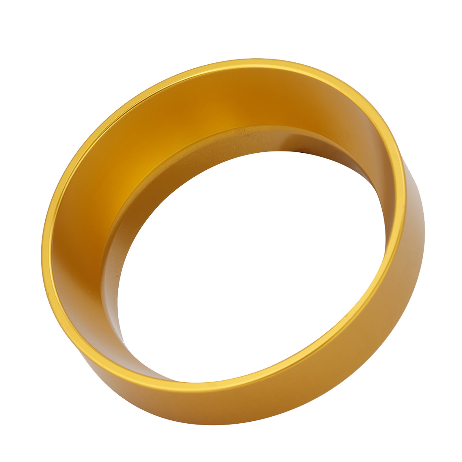 Ein goldfarbener ringförmiger Gegenstand, isoliert auf weißem Hintergrund. Es hat eine glatte Oberfläche und einen hohlen Innenraum.