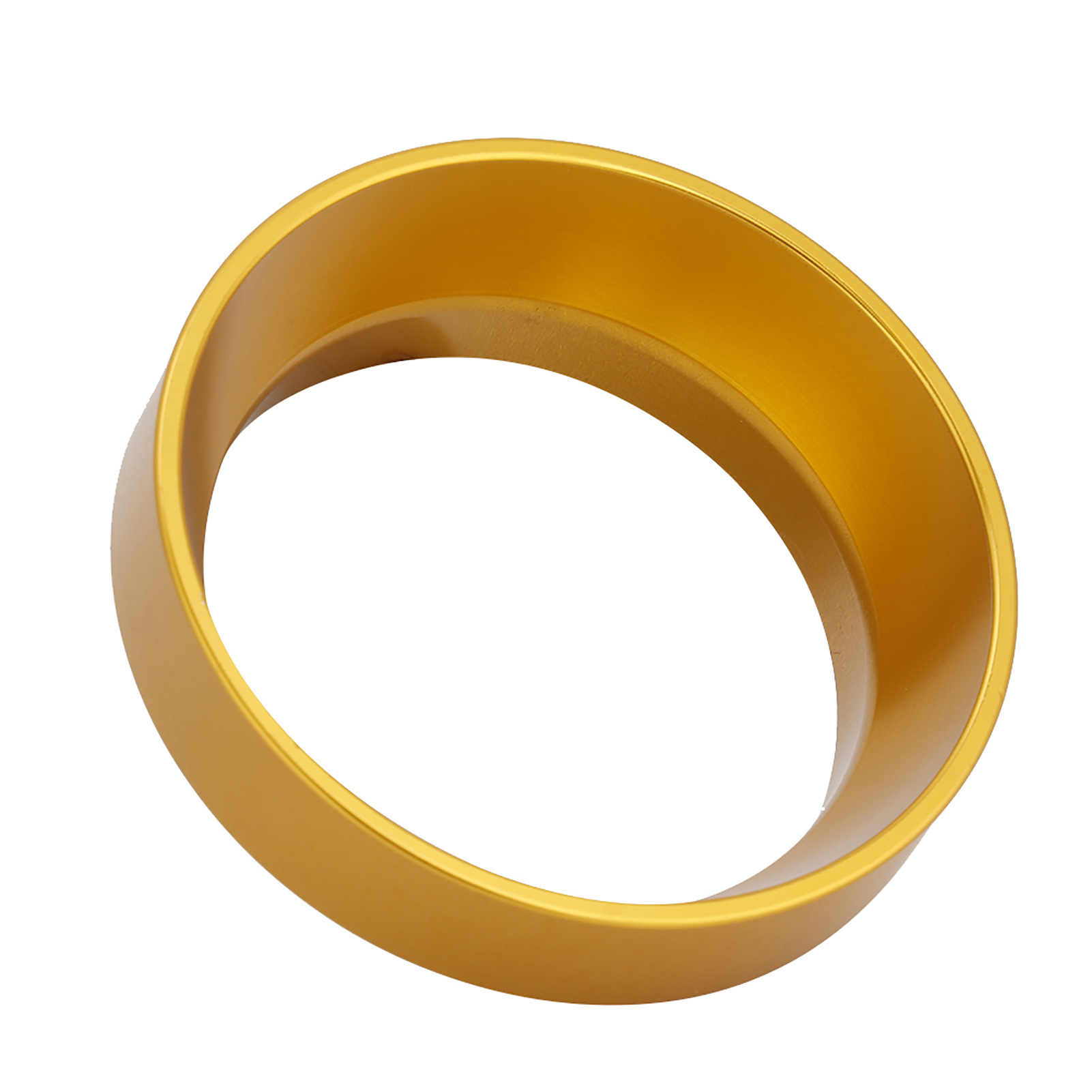 Goldfarbenes ringförmiges Objekt auf weißem Hintergrund. Es ist ein hohler Zylinder mit glatter Oberfläche.