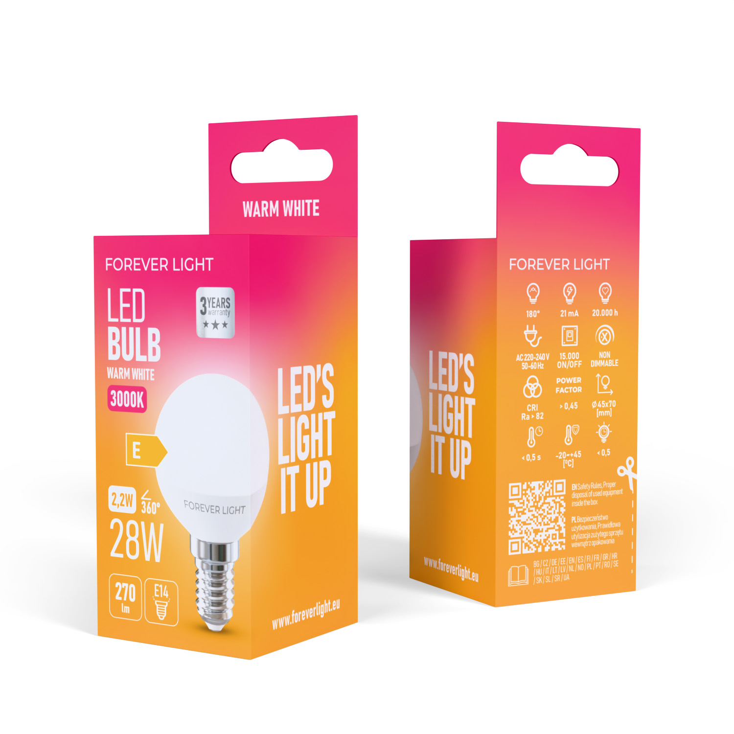Eine Schachtel mit einer LED-Glühbirne, mit Details zur Glühbirne und ihren Spezifikationen.