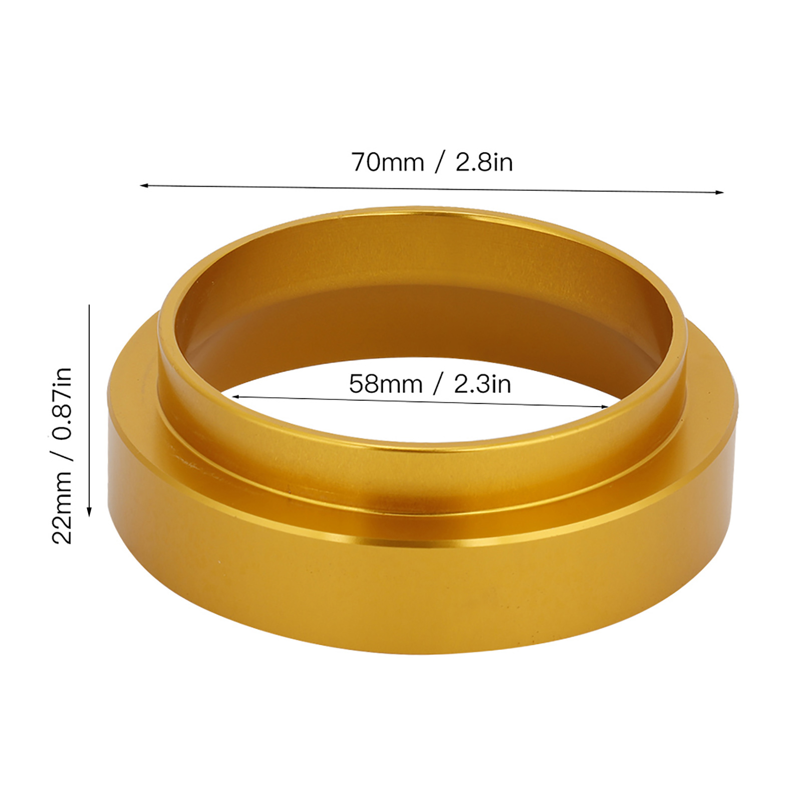 Goldfarbener Metallring mit Maßen. Es ist ein Zylinder mit breiterer Basis und kleinerem Innenring.
