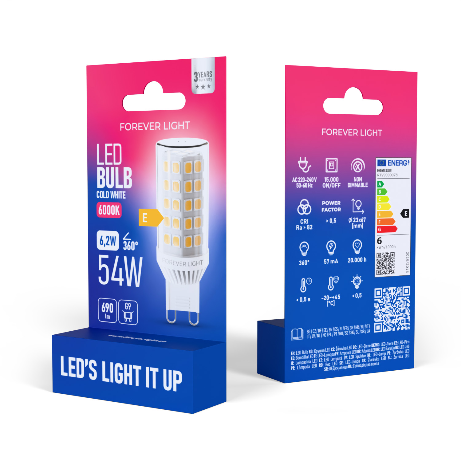 Eine Forever Light LED-Glühbirnenverpackung. Enthält Produktdetails und Energieeffizienzinformationen.
