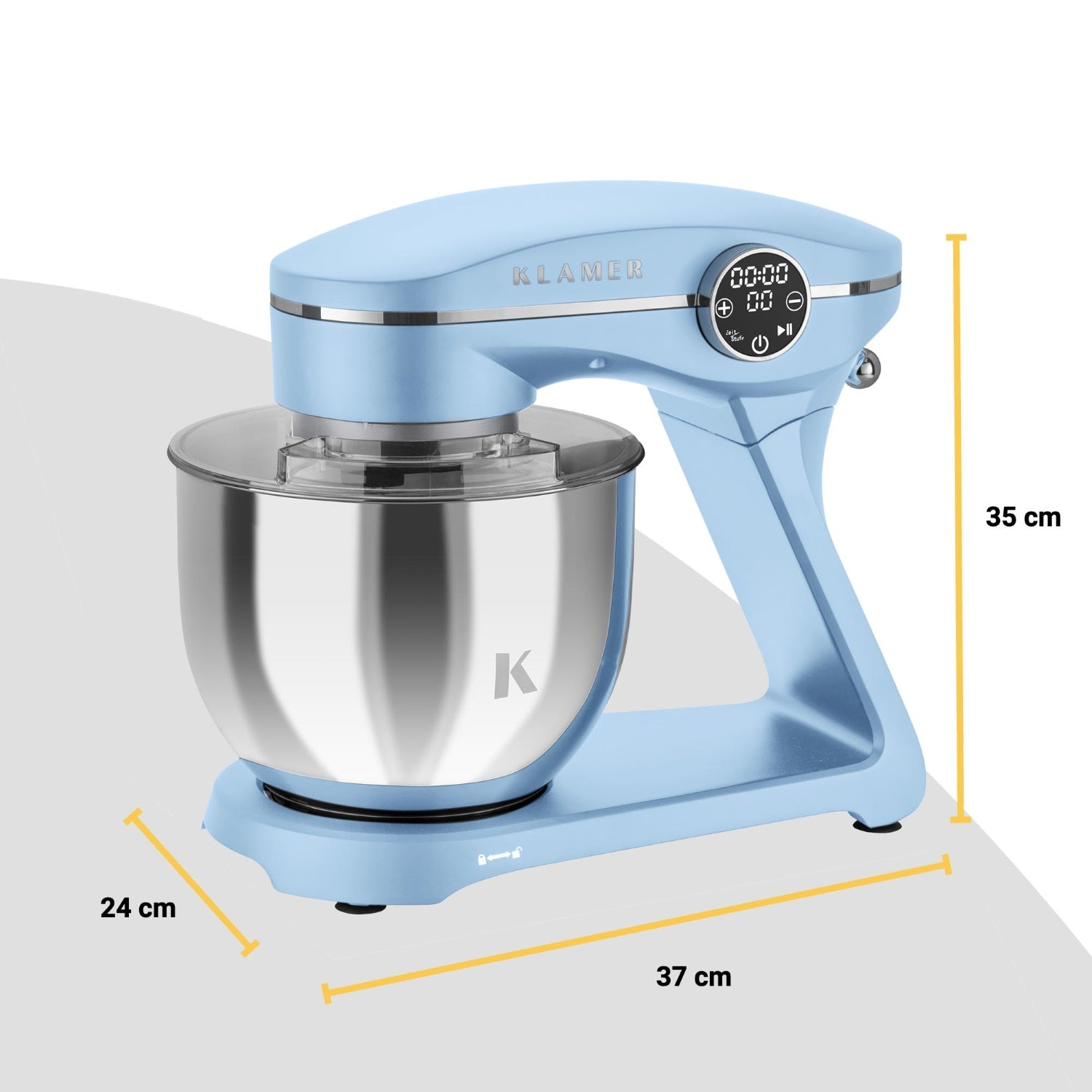 Ein hellblauer Küchenmixer. Er hat eine Edelstahlschüssel und ein digitales Display. Abmessungen: 37x24x35 cm.
