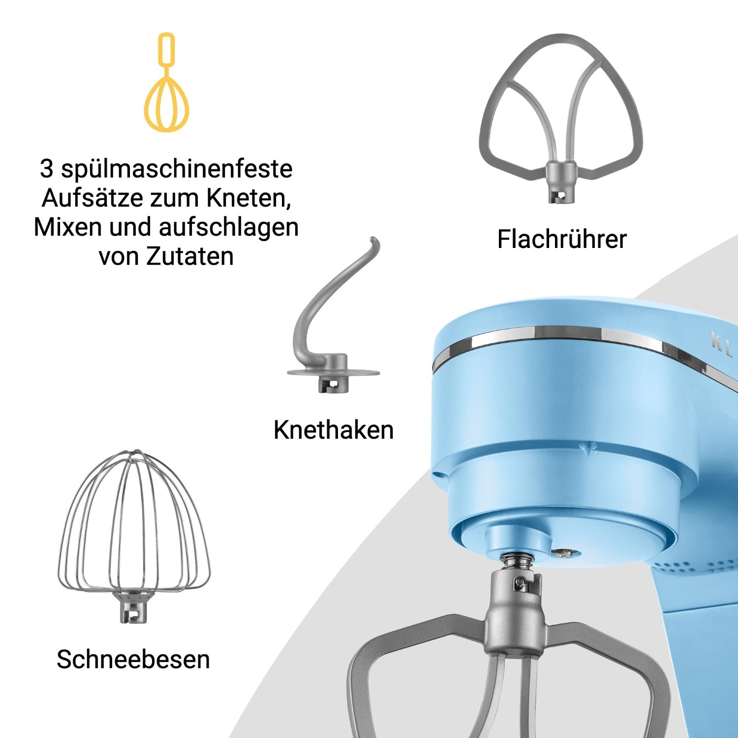 Ein blauer Küchenmixer mit drei Aufsätzen: Schneebesen, Knethaken und Flachrührer. Text beschreibt die Teile und ihre Verwendung.
