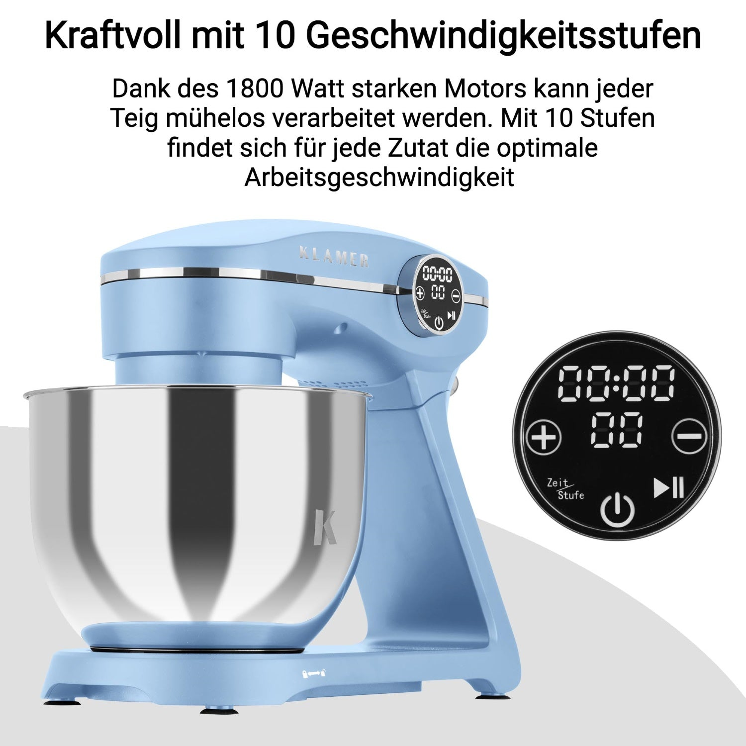 Ein blauer Küchenmixer mit Edelstahlschüssel und Digitalanzeige. Text auf Deutsch beschreibt die Funktionen des Mixers.