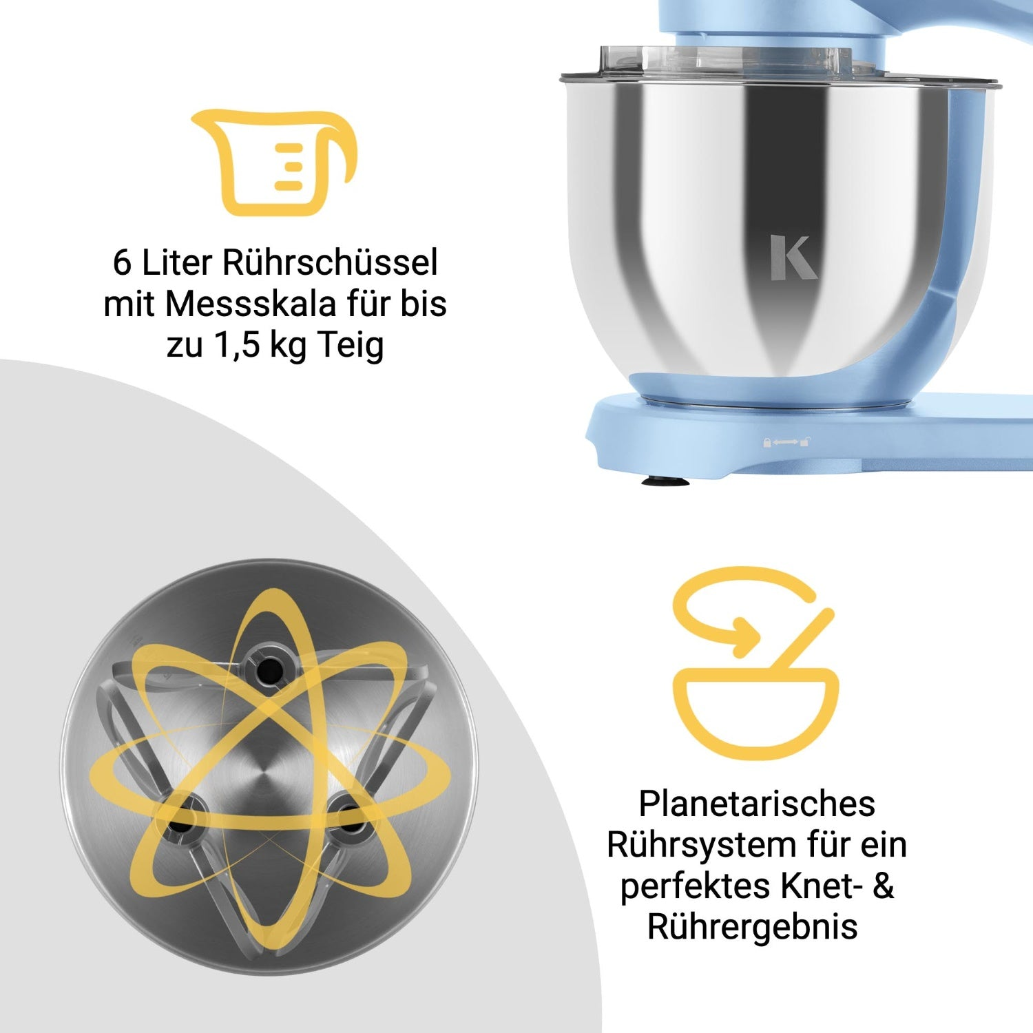 Ein hellblauer Küchenmixer mit einer silbernen Schüssel. Der Mixer hat ein 'K'-Logo und Text zu seinen Funktionen.