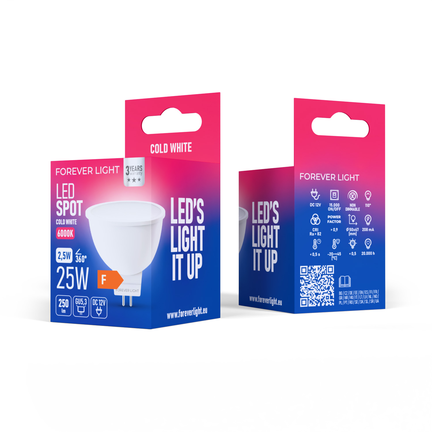 Zwei LED-Leuchtboxen auf Weiß. Sie zeigen Produktdetails, einschließlich Wattzahl, Spannung und QR-Code.
