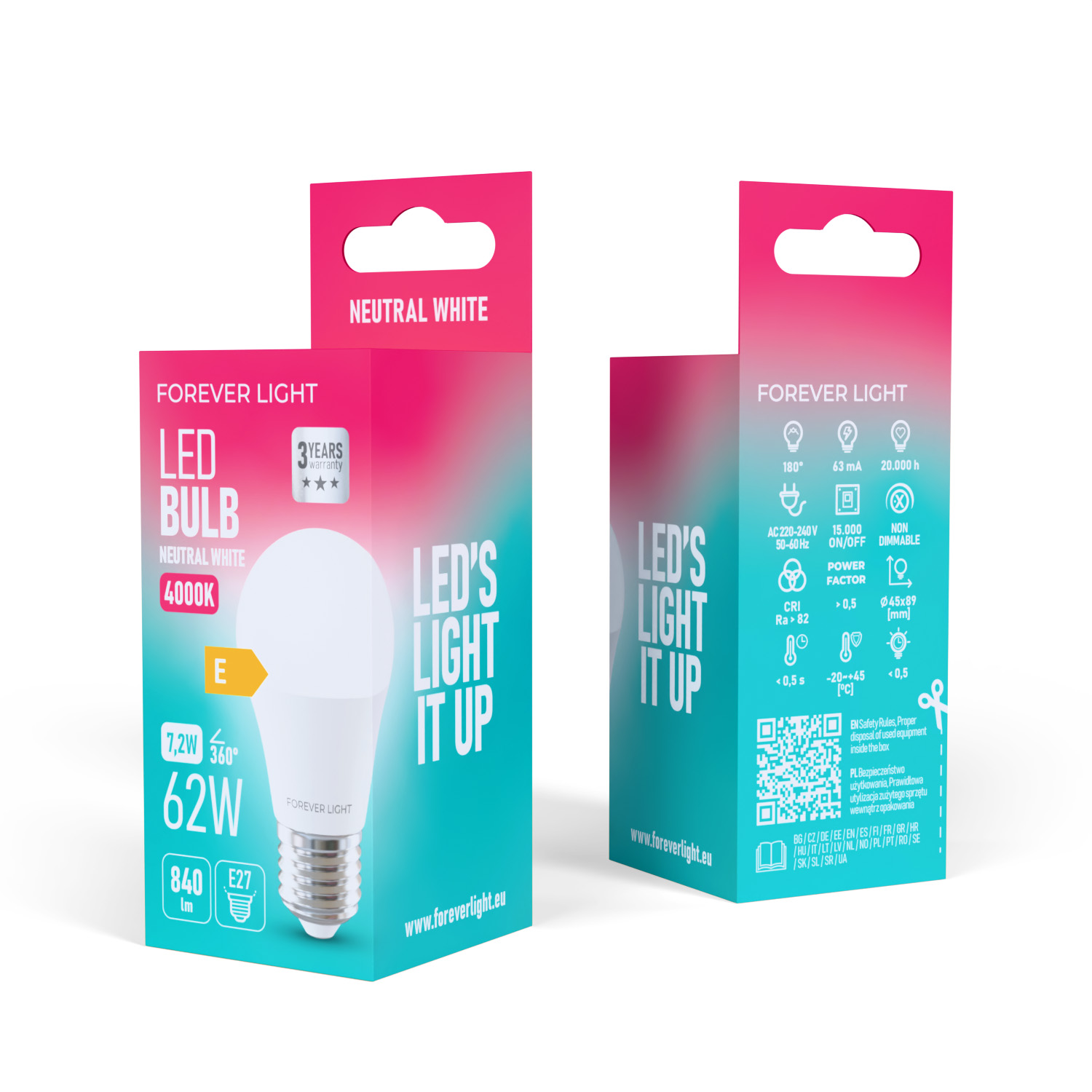 LED-Glühbirnenverpackung. Weiße Glühbirne, rosa und türkisfarbene Schachtel mit Text und Spezifikationen.