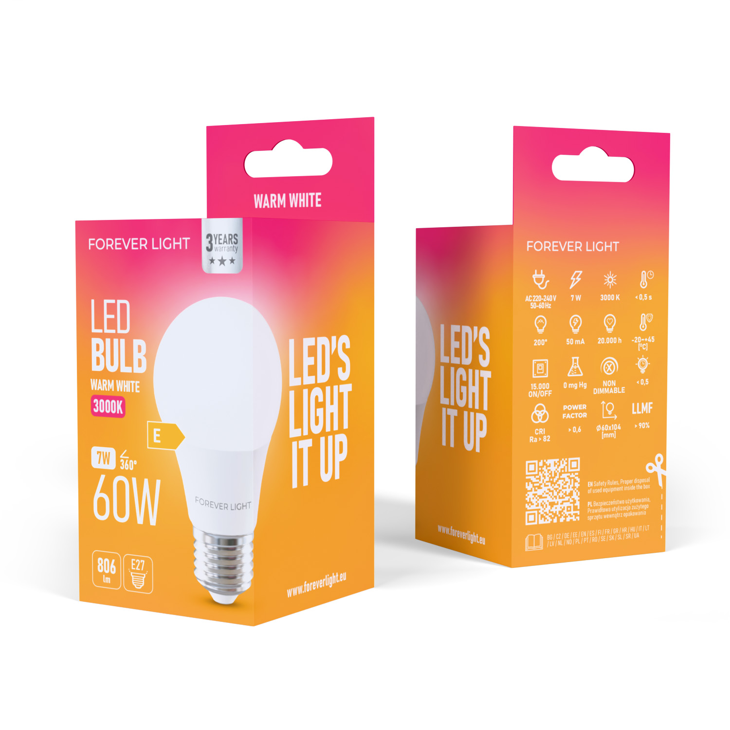 Eine Schachtel mit einer LED-Glühbirne. Die Schachtel ist orange und weiß, mit der Marke 'FOREVER LIGHT'.