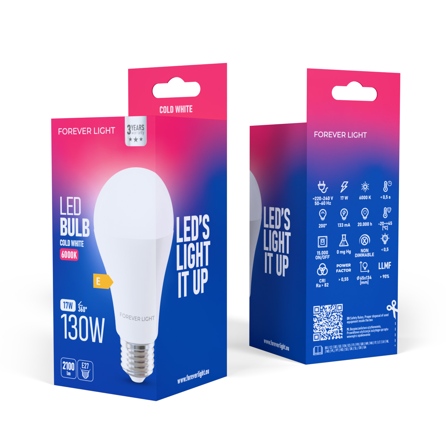 Eine Schachtel mit einer LED-Glühbirne. Sie enthält Informationen zu den Spezifikationen der Glühbirne, einschließlich Spannung und Lichtleistung.